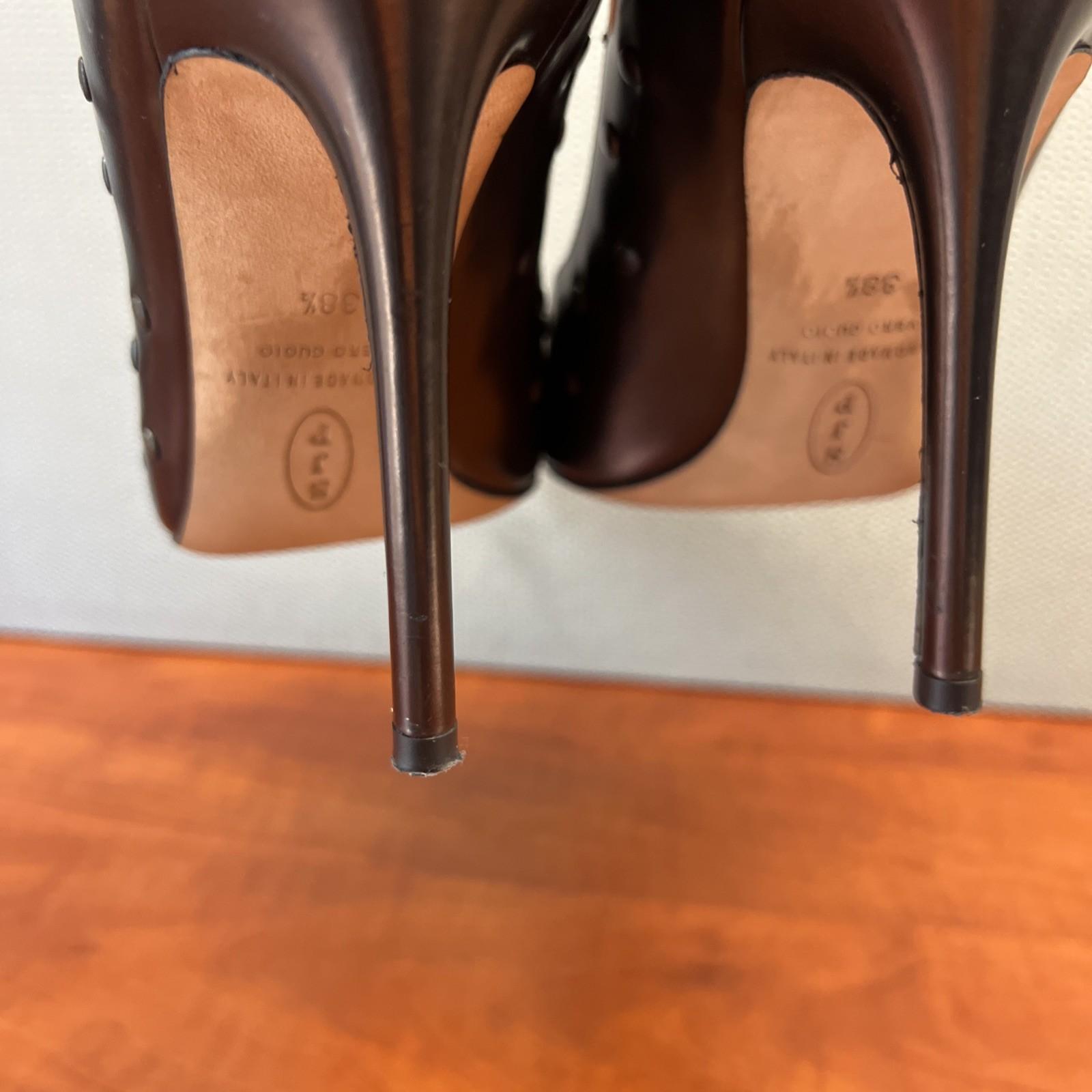 JSP by Sarah Jessica Parker Ankle Strap Heels 38.5 Patent Leather Bronze Studded