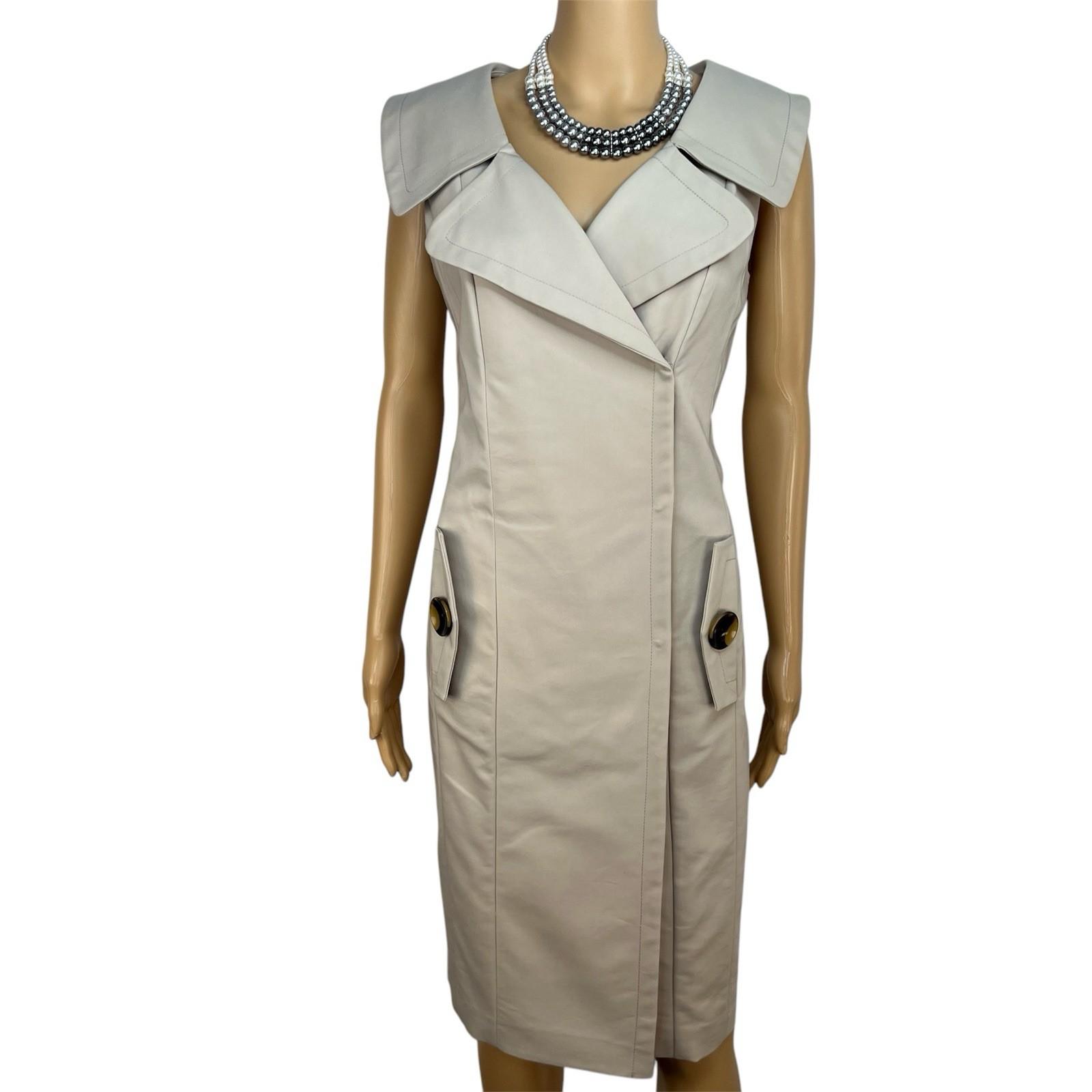 Calvin Klein Cotton Spandex Wrap Dress 8 Beige Business Babydoll Wide Collar