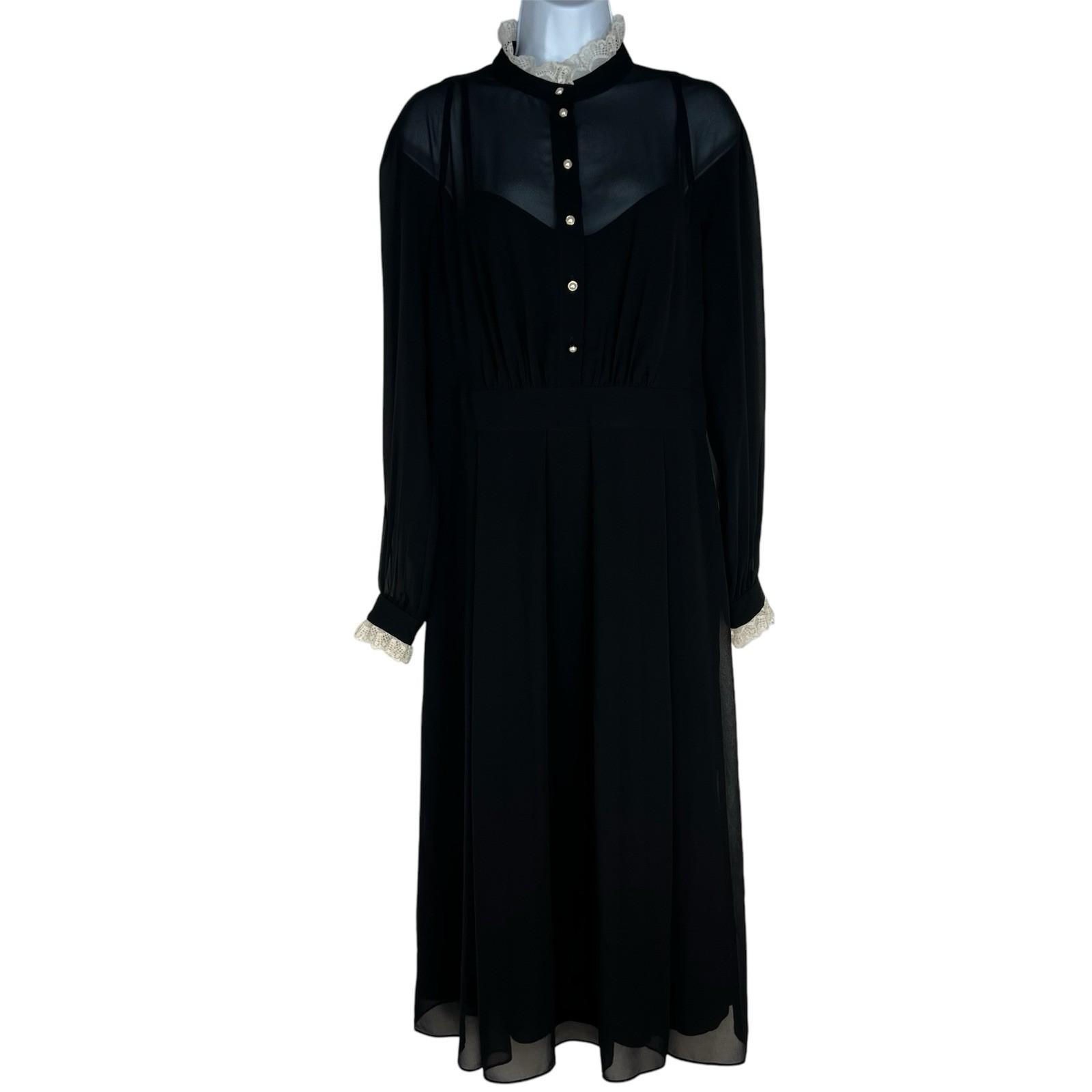 Anne Klein Vintage Chiffon Dress 8 Black Ruffle Hem High Neck Cottagecore Gothic