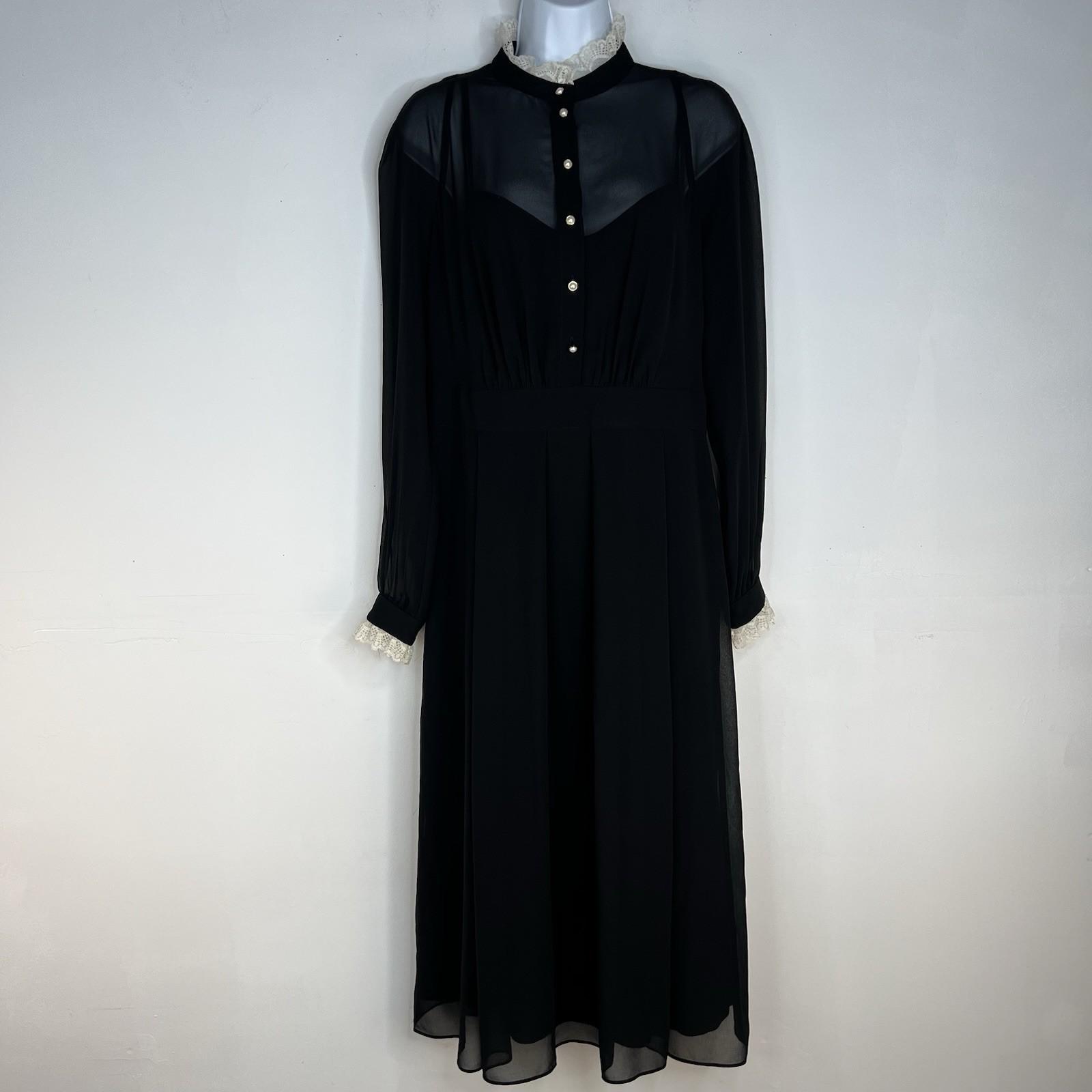 Anne Klein Vintage Chiffon Dress 8 Black Ruffle Hem High Neck Cottagecore Gothic