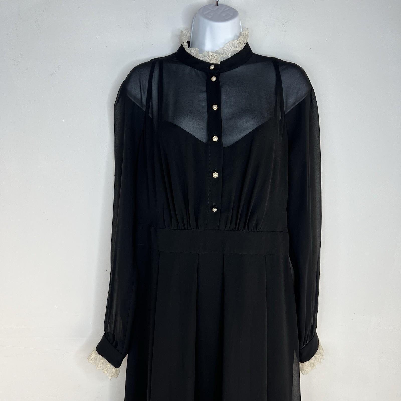 Anne Klein Vintage Chiffon Dress 8 Black Ruffle Hem High Neck Cottagecore Gothic