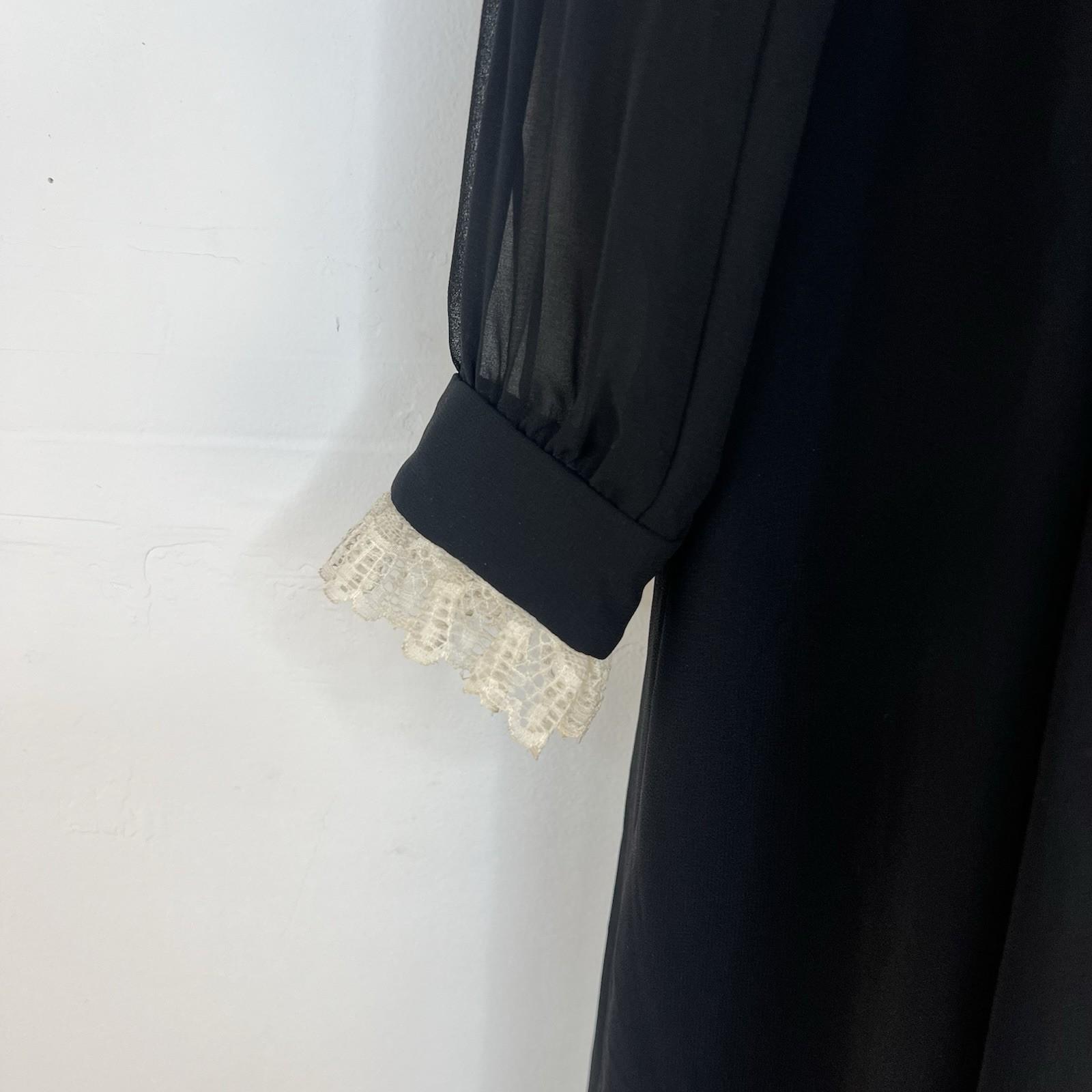 Anne Klein Vintage Chiffon Dress 8 Black Ruffle Hem High Neck Cottagecore Gothic