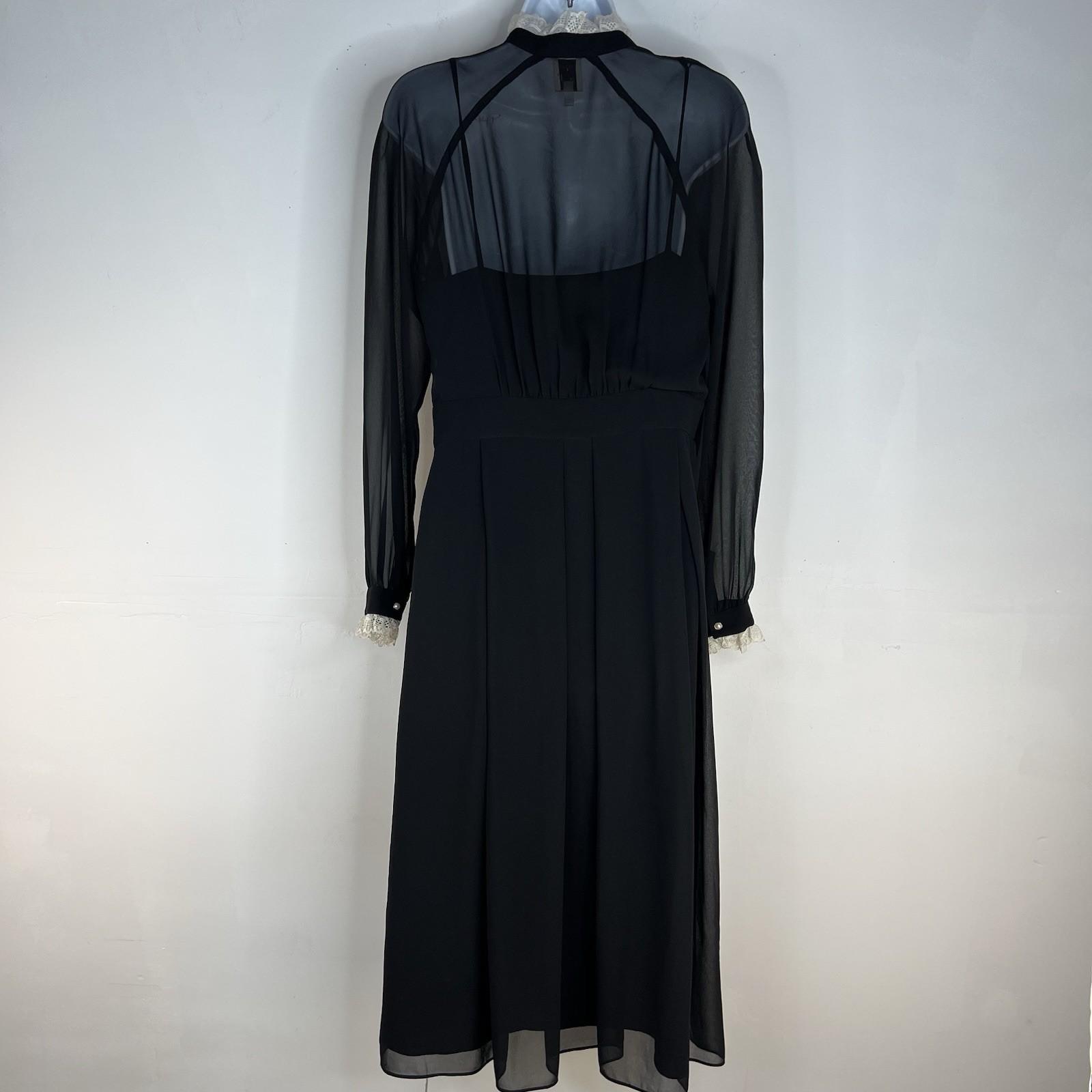 Anne Klein Vintage Chiffon Dress 8 Black Ruffle Hem High Neck Cottagecore Gothic