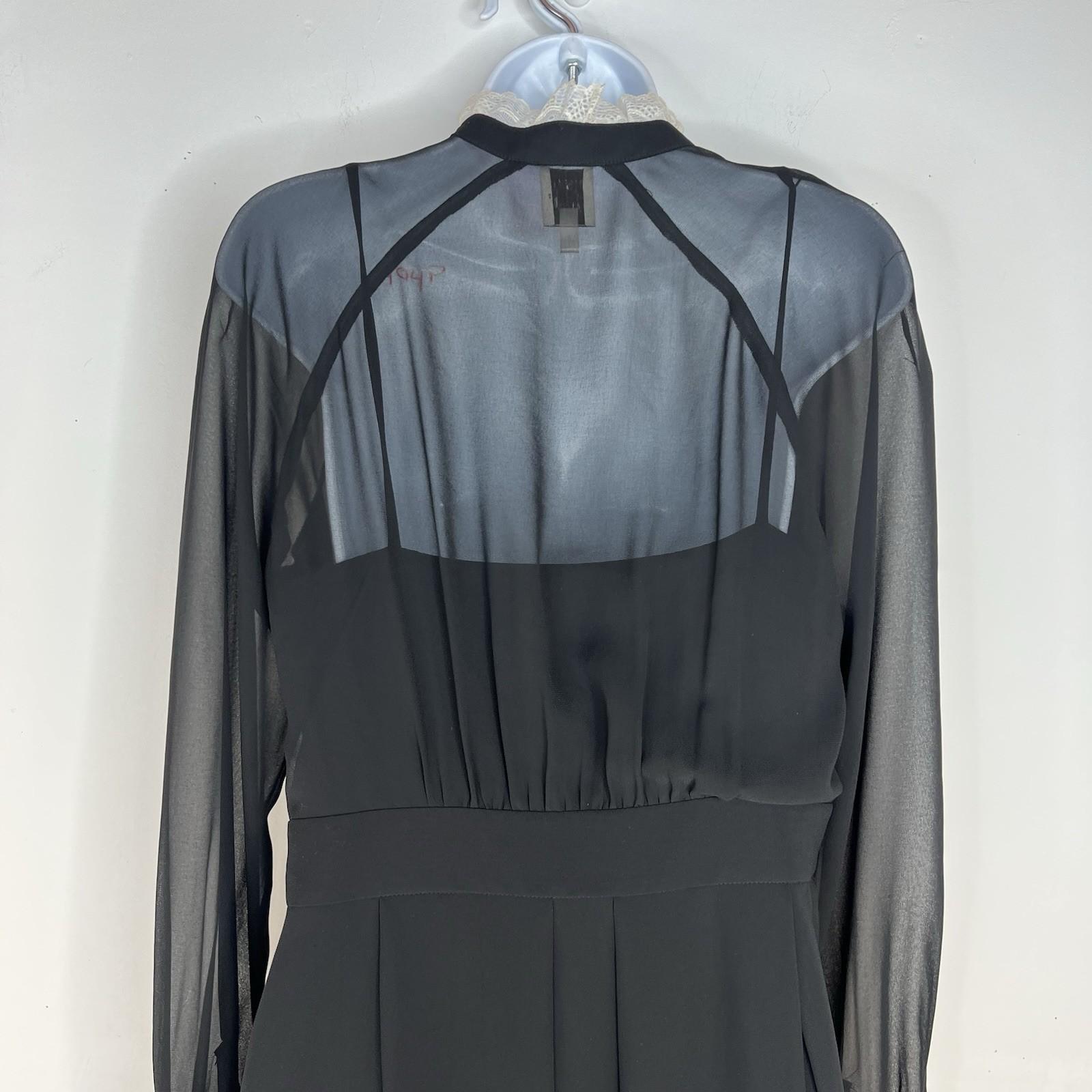 Anne Klein Vintage Chiffon Dress 8 Black Ruffle Hem High Neck Cottagecore Gothic