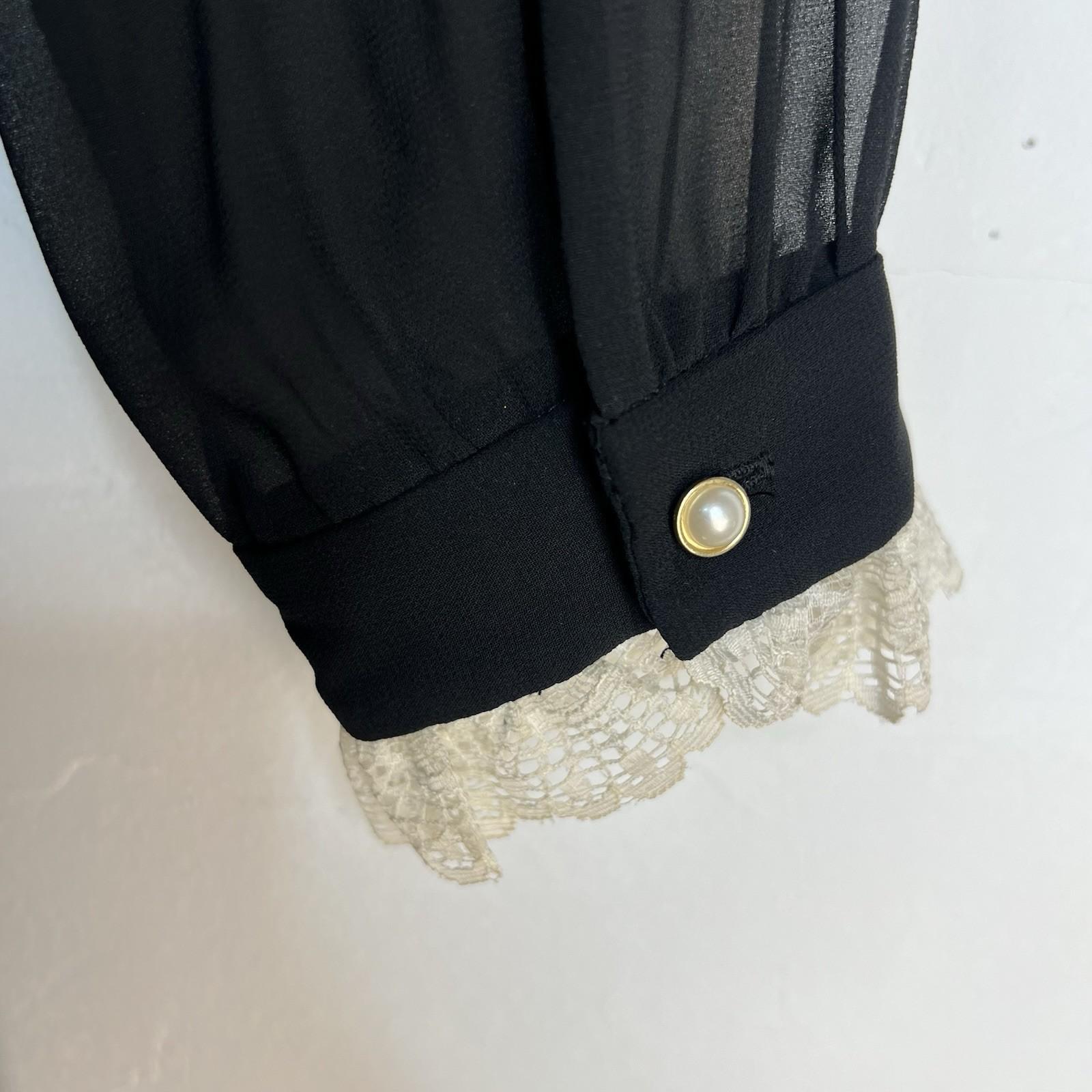 Anne Klein Vintage Chiffon Dress 8 Black Ruffle Hem High Neck Cottagecore Gothic