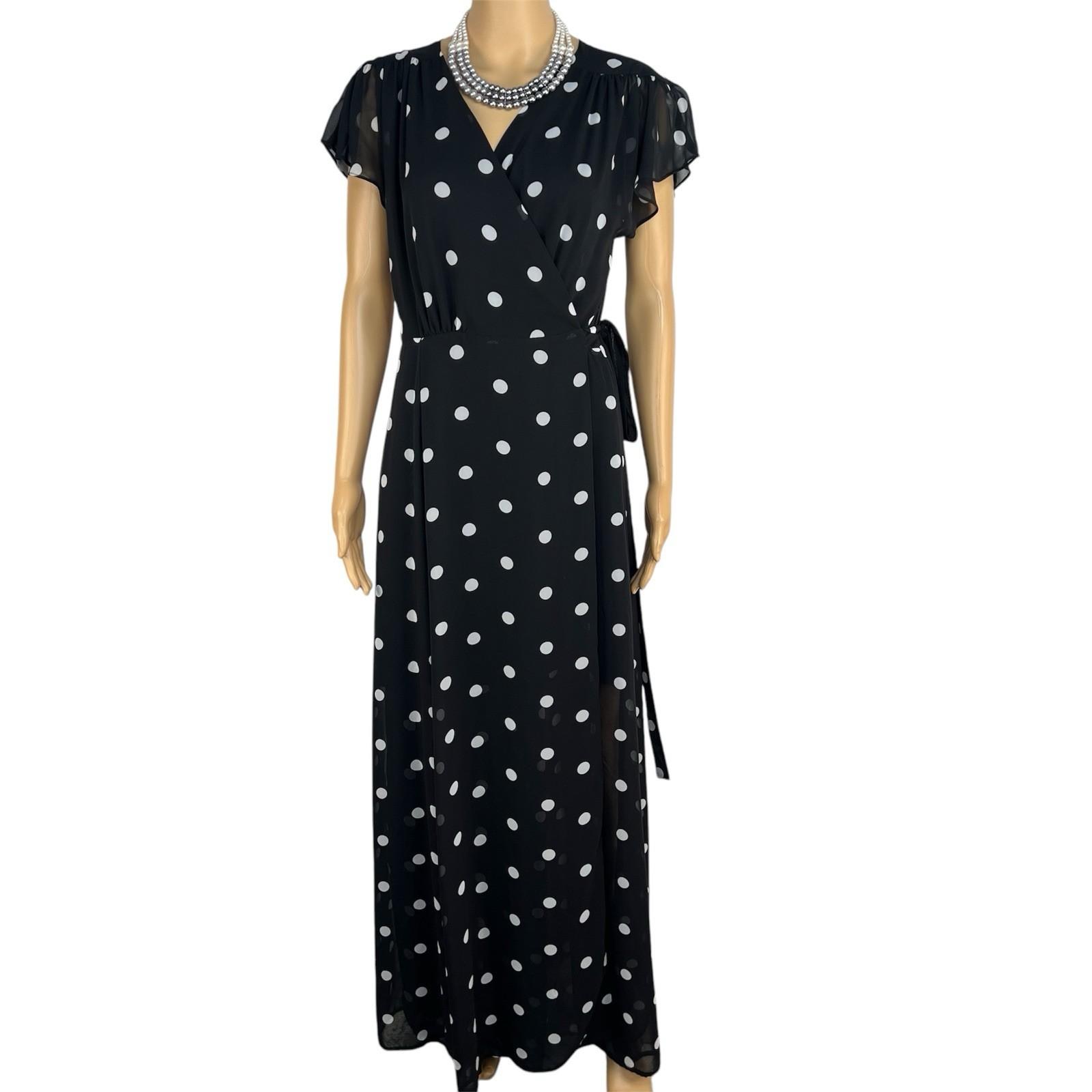 10-5311.jpg Eva Mendes NY & Co Maxi Wrap tie Dress M Black White Polka dot Flutter Sleeves