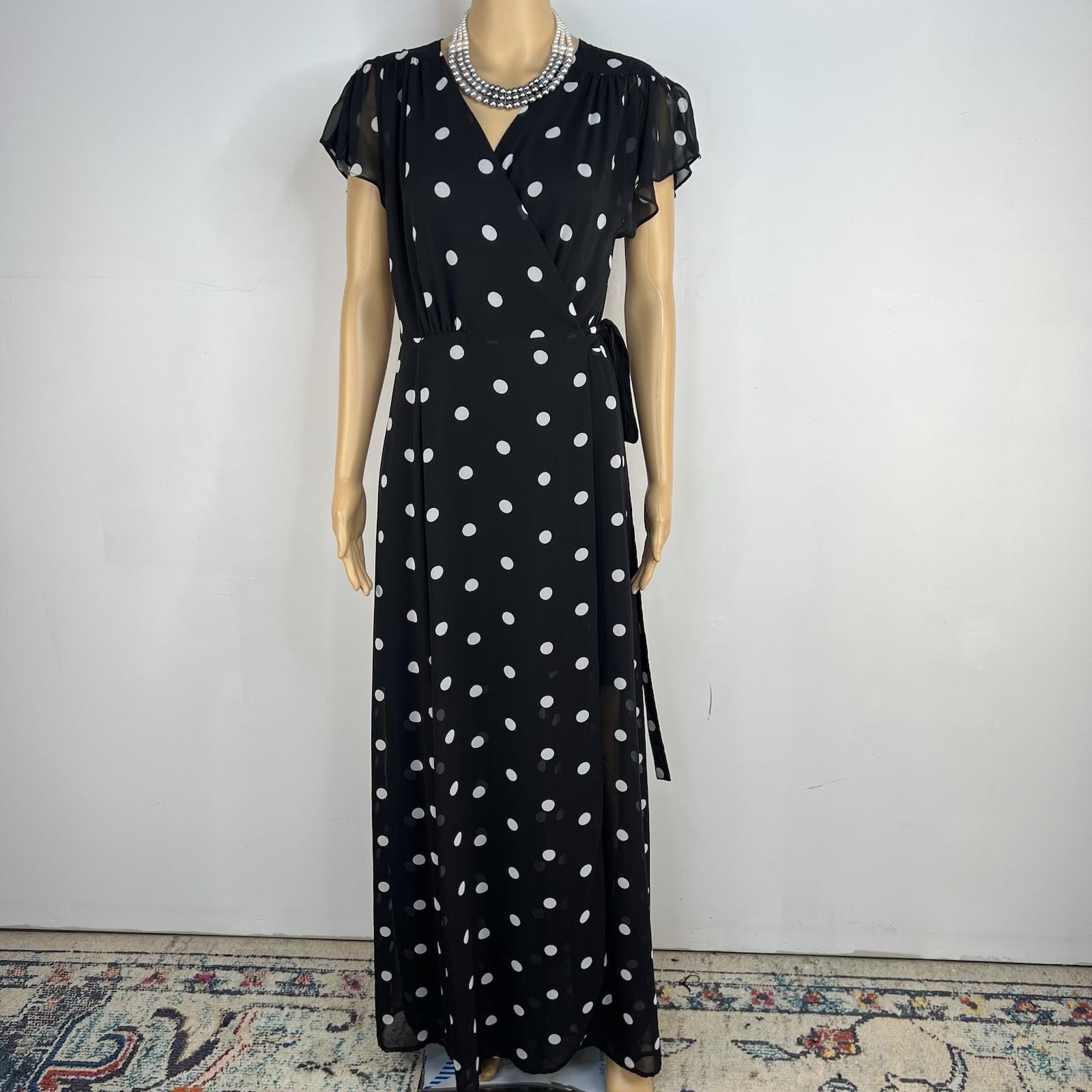 10-5312.jpg Eva Mendes NY & Co Maxi Wrap tie Dress M Black White Polka dot Flutter Sleeves