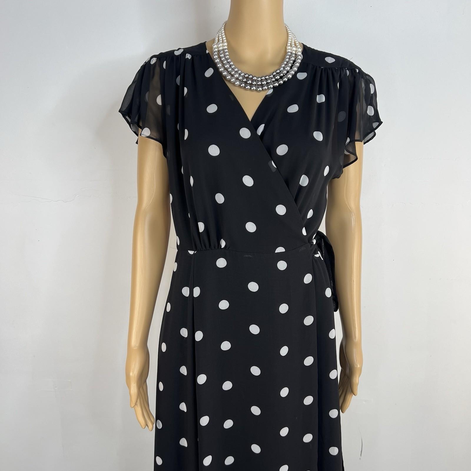 10-5313.jpg Eva Mendes NY & Co Maxi Wrap tie Dress M Black White Polka dot Flutter Sleeves