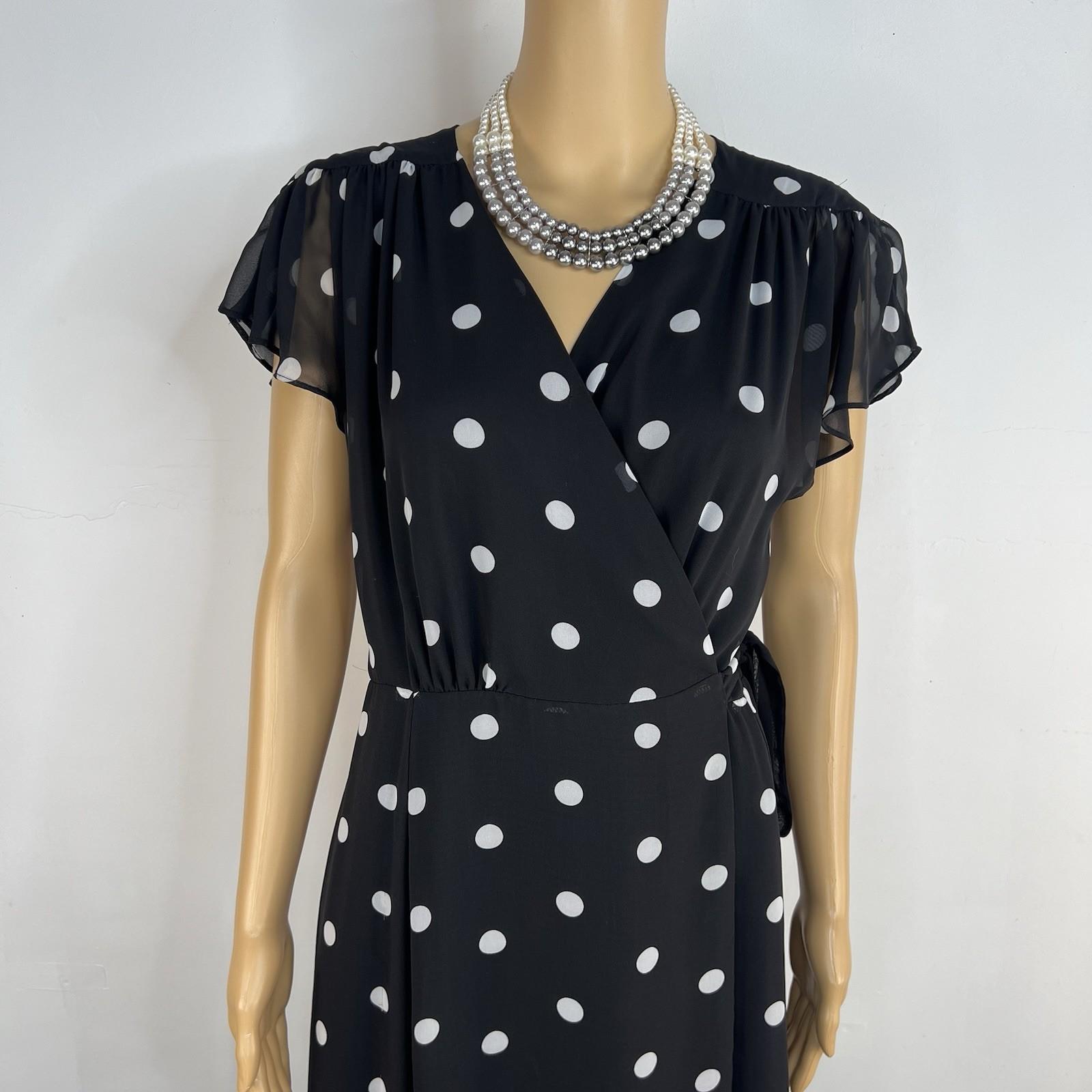10-5314.jpg Eva Mendes NY & Co Maxi Wrap tie Dress M Black White Polka dot Flutter Sleeves