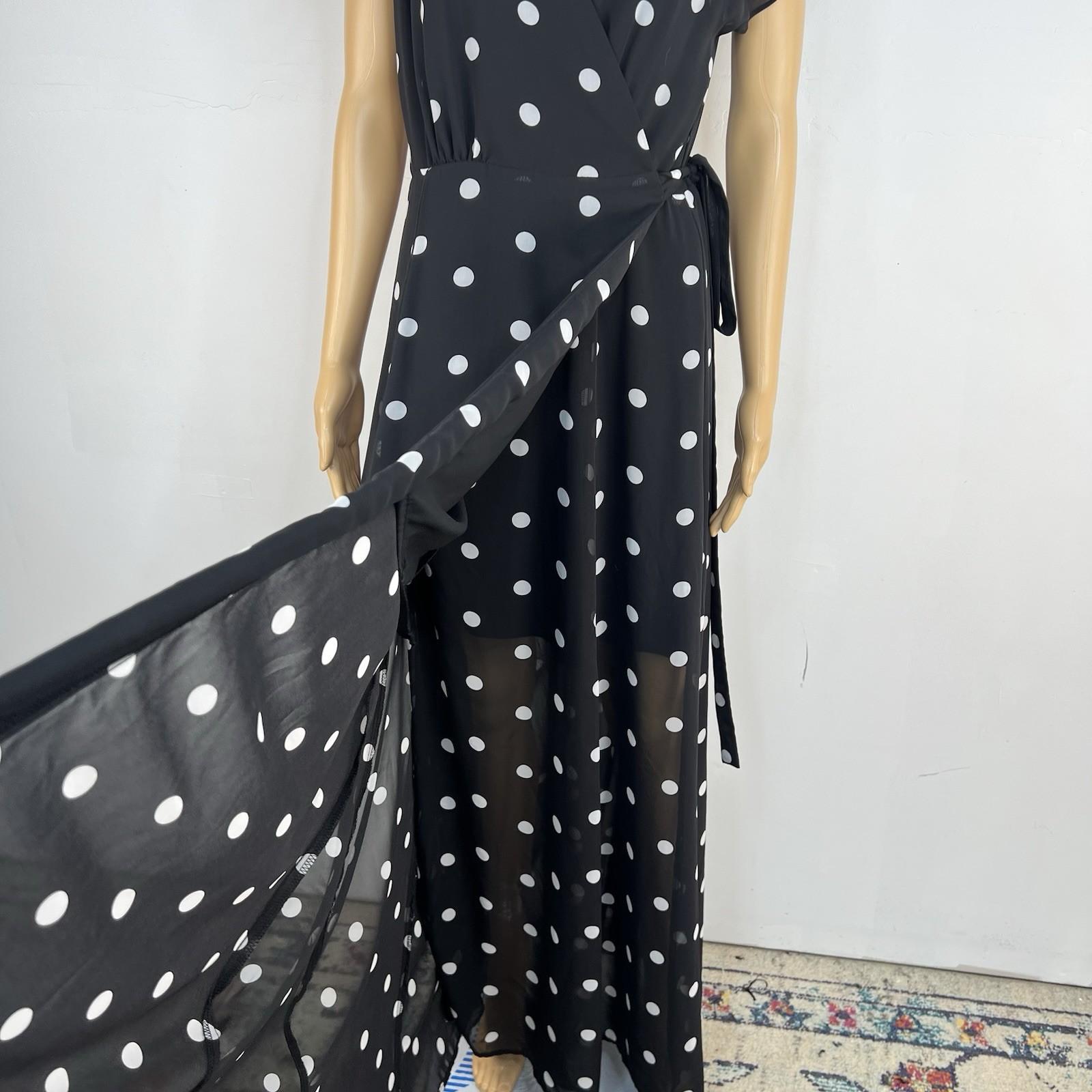 10-5315.jpg Eva Mendes NY & Co Maxi Wrap tie Dress M Black White Polka dot Flutter Sleeves