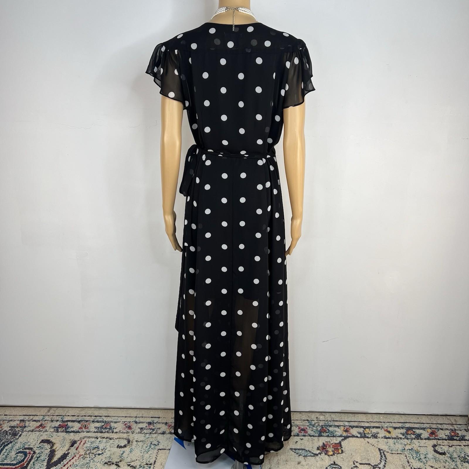 10-5316.jpg Eva Mendes NY & Co Maxi Wrap tie Dress M Black White Polka dot Flutter Sleeves