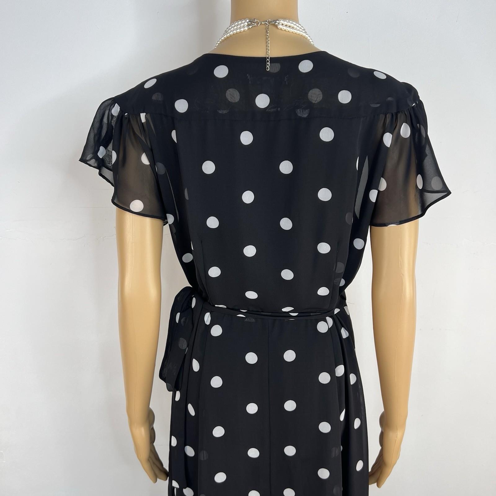10-5317.jpg Eva Mendes NY & Co Maxi Wrap tie Dress M Black White Polka dot Flutter Sleeves