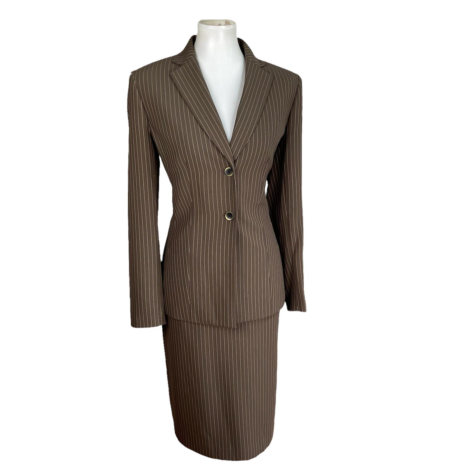Le Suit Polyester Rayon Skirt Suit Size 6 Brown Striped Notch Collar 2PC Women