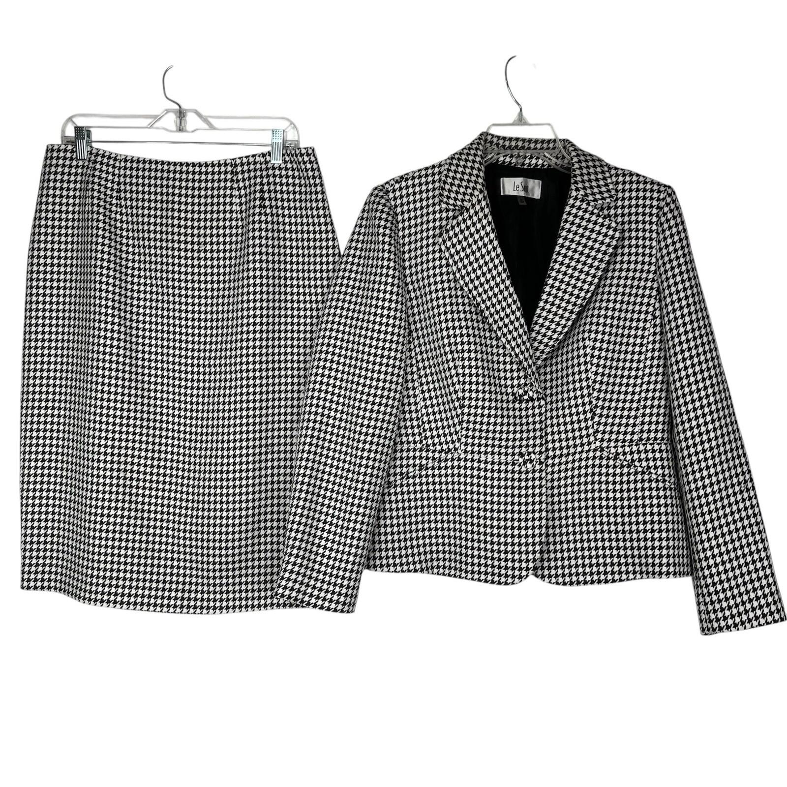10-532.jpg Kasper Polyester Skirt Suit 10 Black White Houndstooth Office Sleek Look 2PC