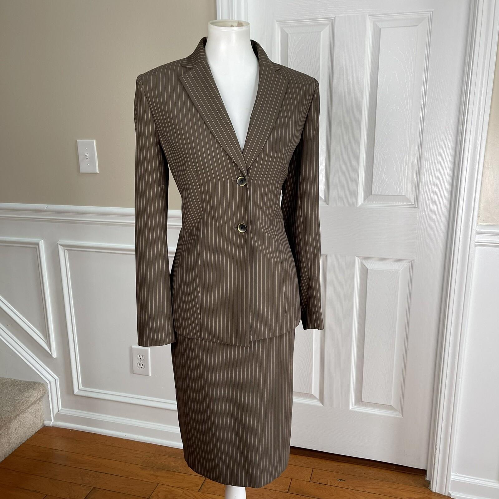 Le Suit Polyester Rayon Skirt Suit Size 6 Brown Striped Notch Collar 2PC Women