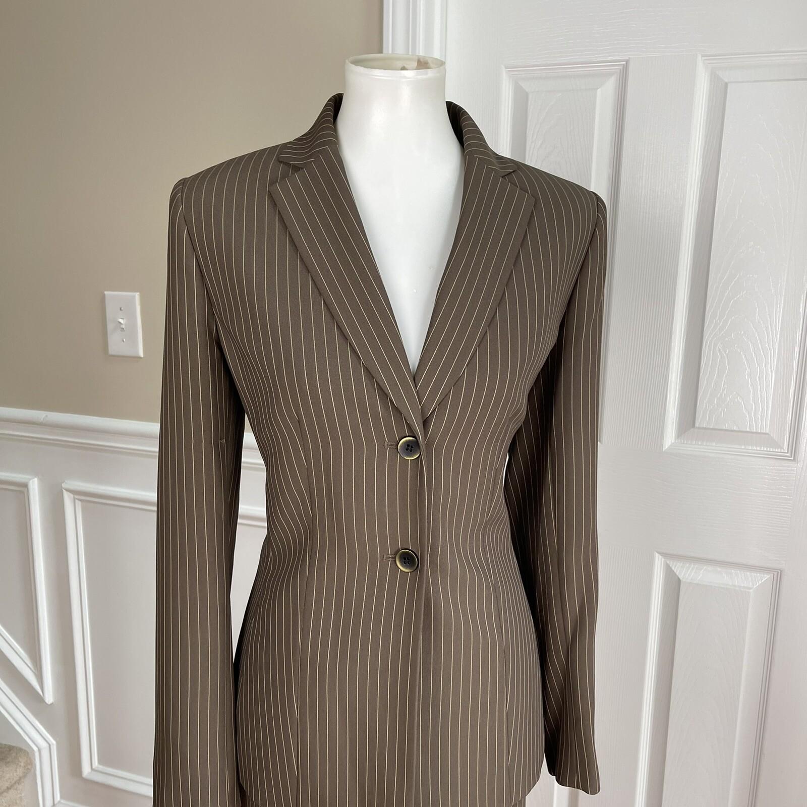 Le Suit Polyester Rayon Skirt Suit Size 6 Brown Striped Notch Collar 2PC Women