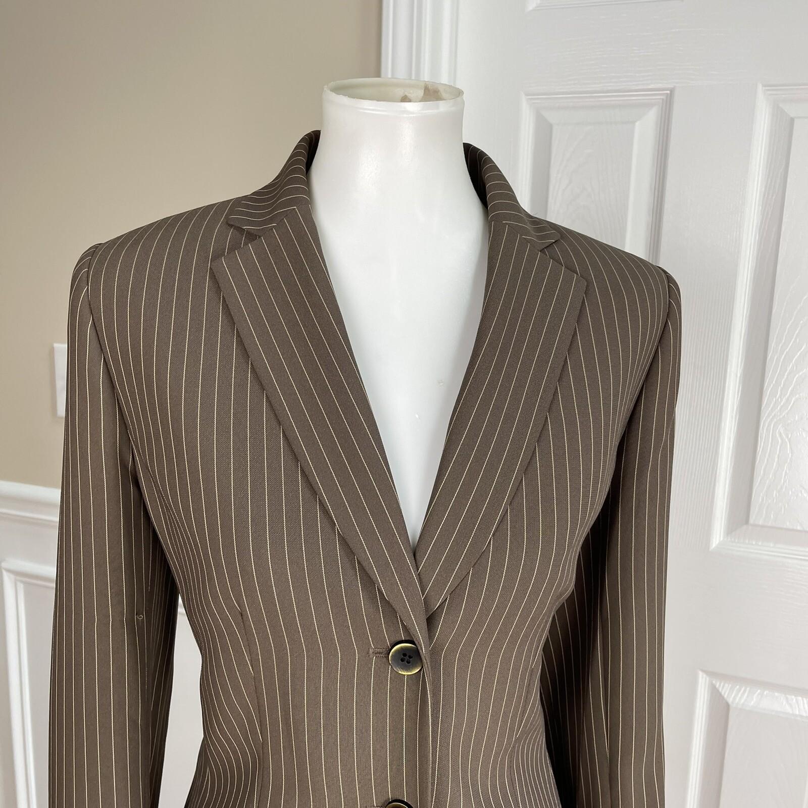 Le Suit Polyester Rayon Skirt Suit Size 6 Brown Striped Notch Collar 2PC Women