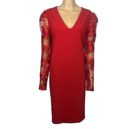 Express Polyester Spandex Red Dress Size XL V Neck Long Lace Sleeves Stretch