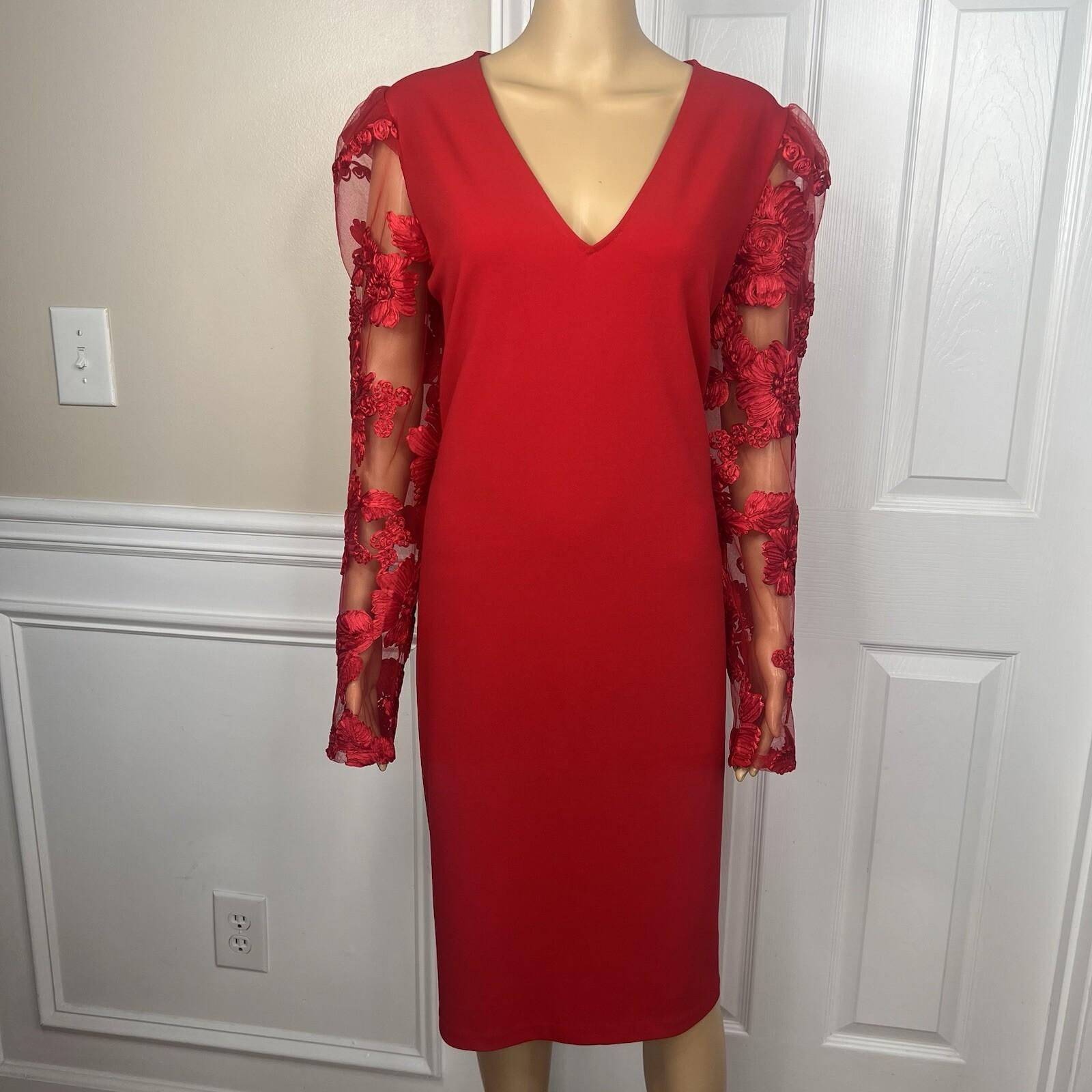 Express Polyester Spandex Red Dress Size XL V Neck Long Lace Sleeves Stretch