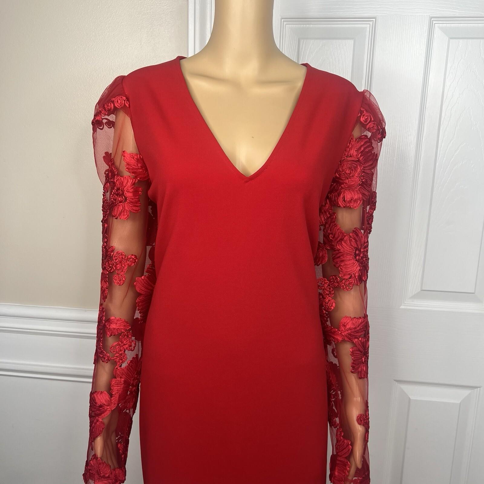 Express Polyester Spandex Red Dress Size XL V Neck Long Lace Sleeves Stretch
