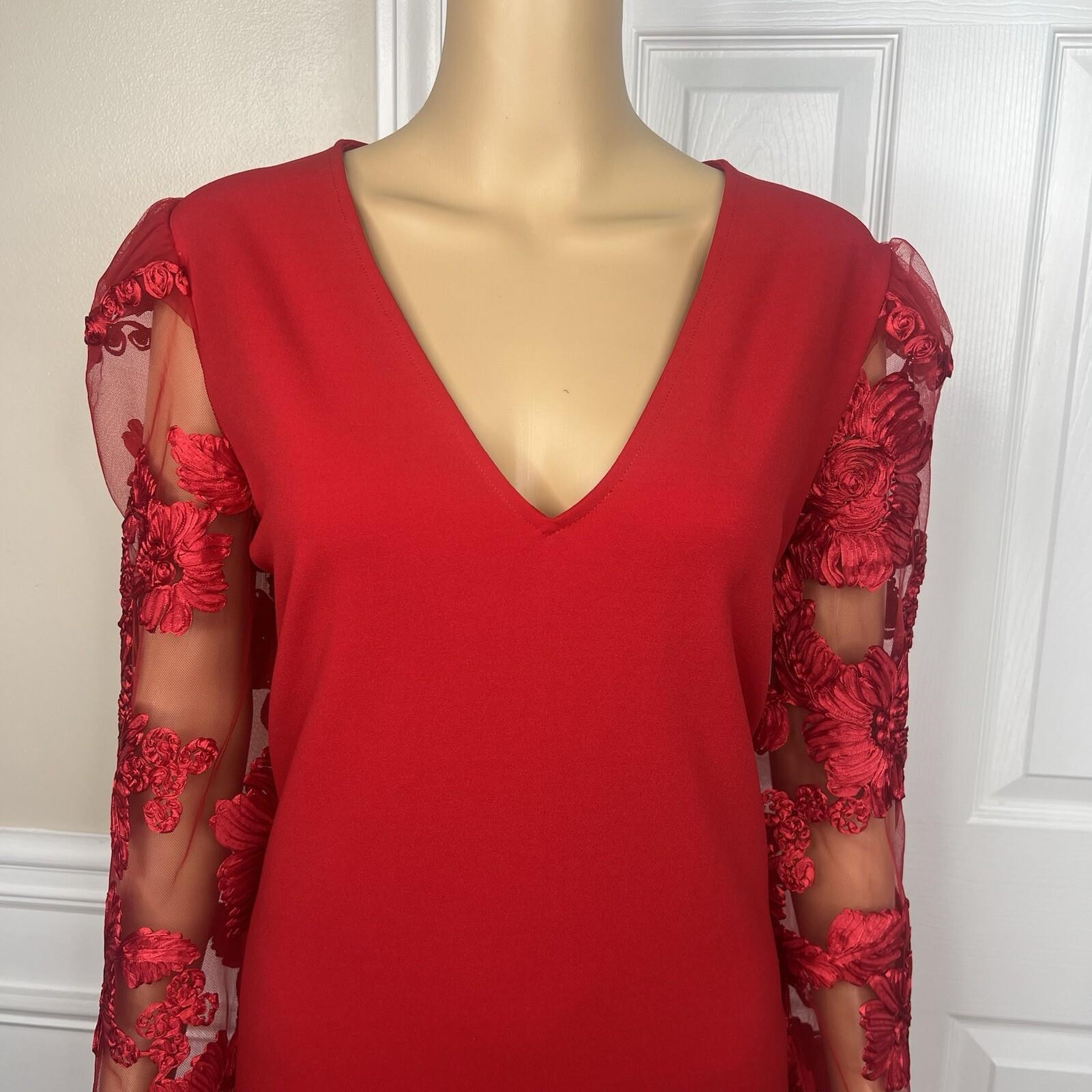 Express Polyester Spandex Red Dress Size XL V Neck Long Lace Sleeves Stretch