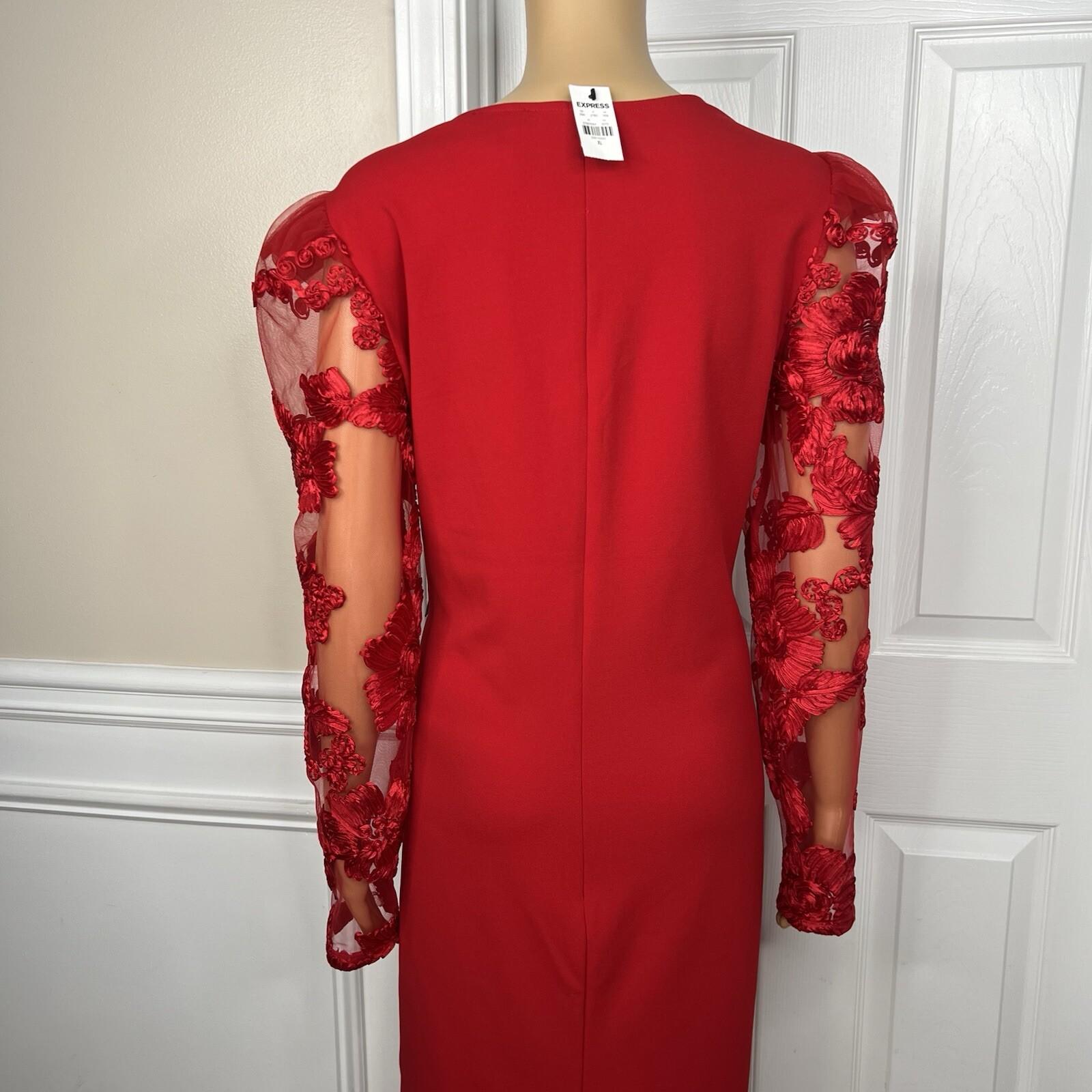Express Polyester Spandex Red Dress Size XL V Neck Long Lace Sleeves Stretch