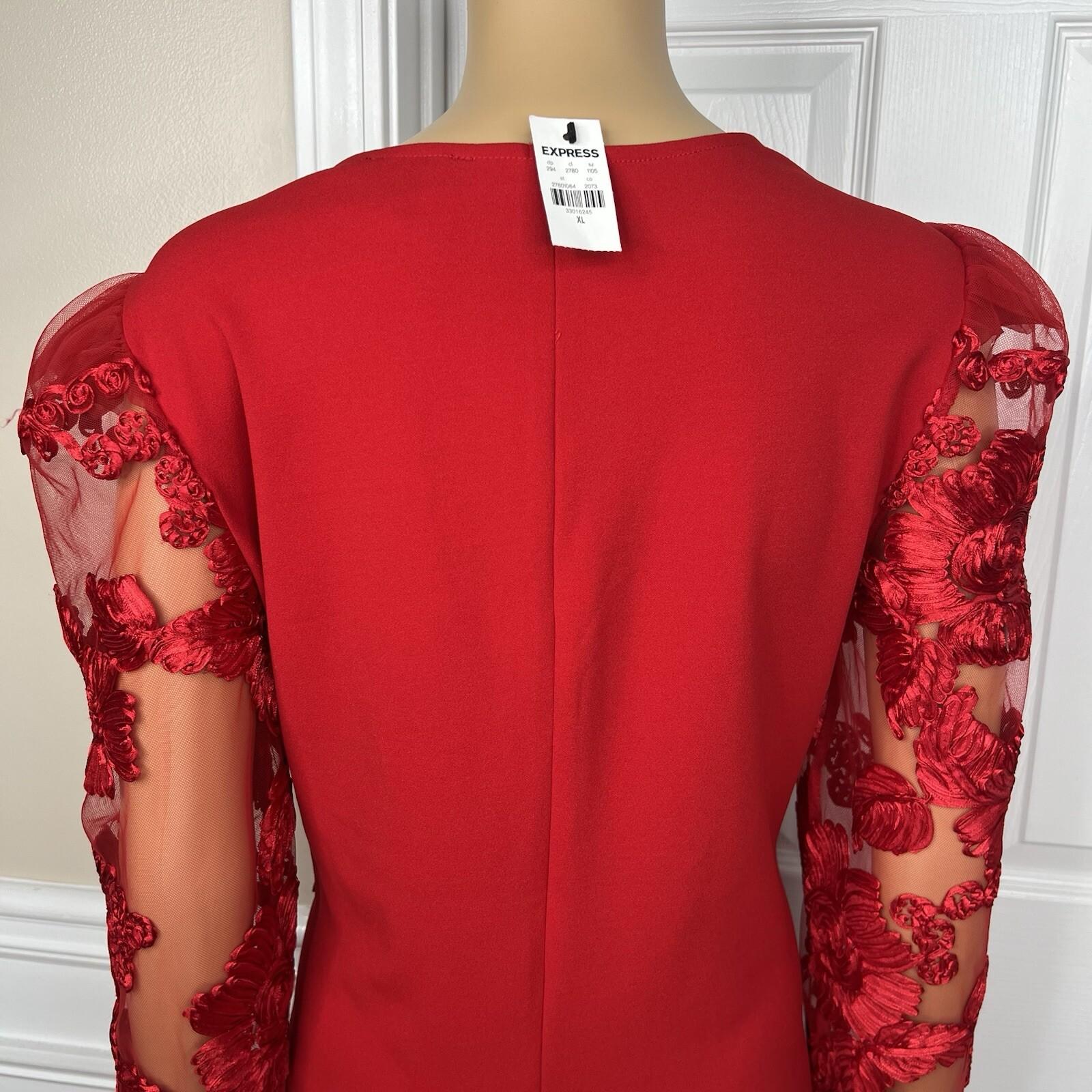 Express Polyester Spandex Red Dress Size XL V Neck Long Lace Sleeves Stretch