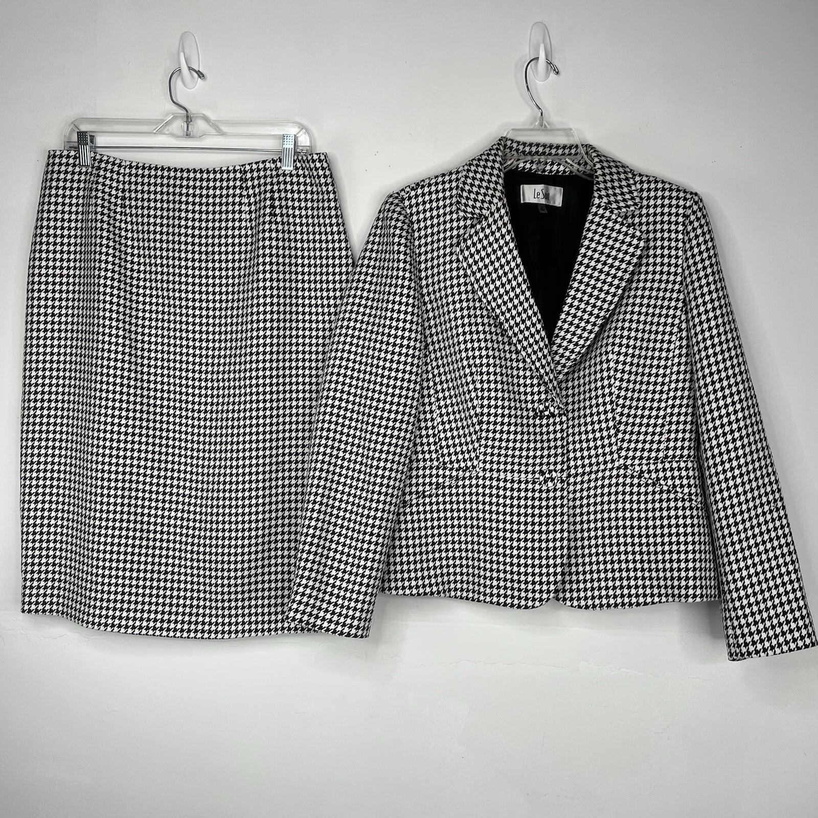 10-534.jpg Kasper Polyester Skirt Suit 10 Black White Houndstooth Office Sleek Look 2PC