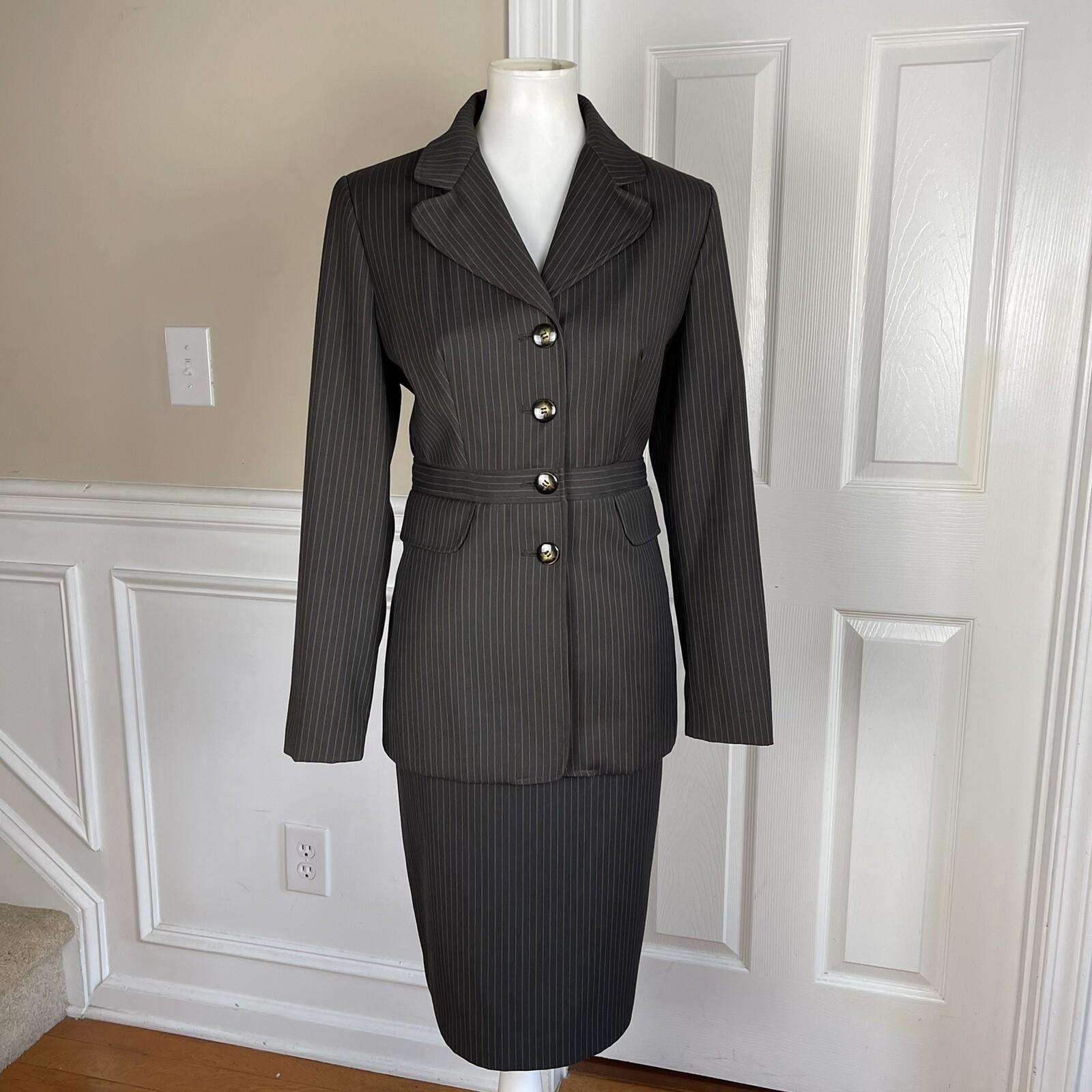 Larry Levine Polyester Rayon Stretch Suit Skirt Size 8 Brown Striped Pant 2PC