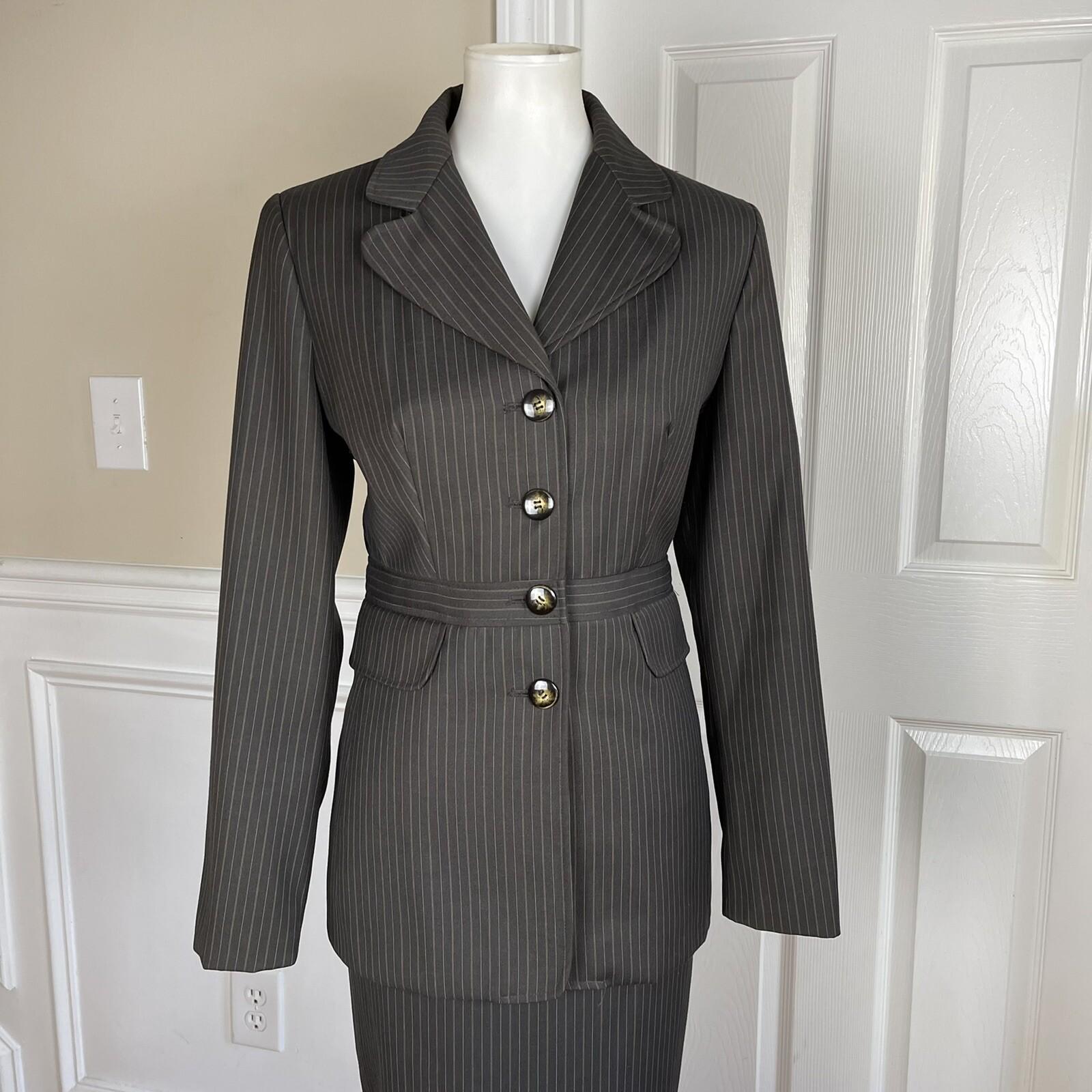 Larry Levine Polyester Rayon Stretch Suit Skirt Size 8 Brown Striped Pant 2PC