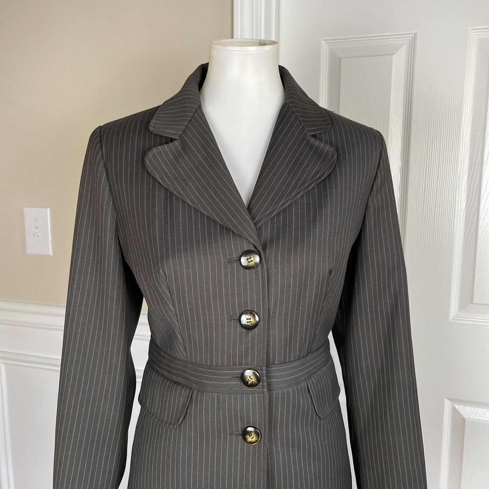 Larry Levine Polyester Rayon Stretch Suit Skirt Size 8 Brown Striped Pant 2PC