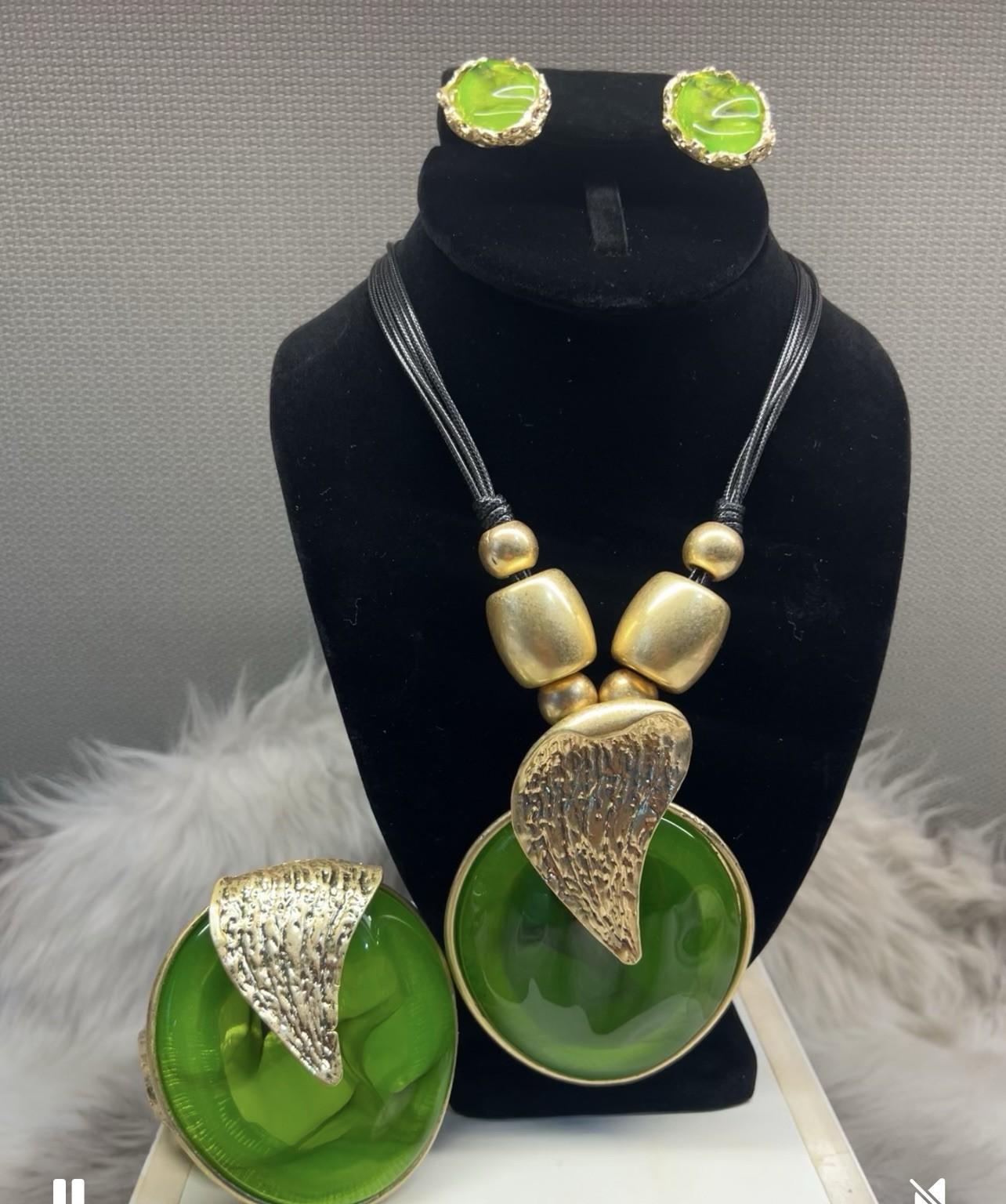 Handcrafted Earrings & Pendant Bangle Set one of a Kind Gold Tone Chic Boho