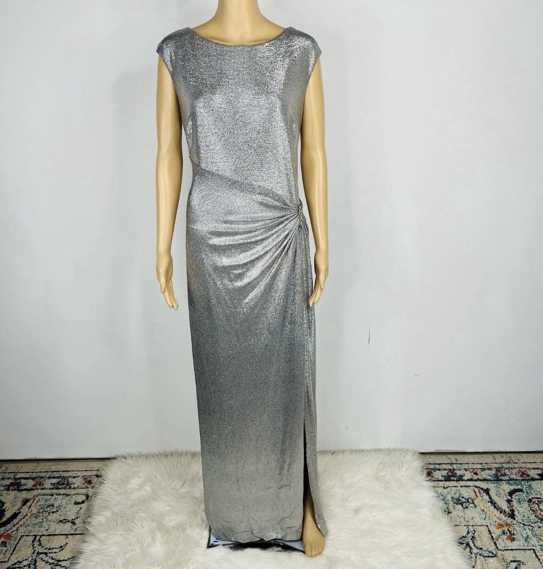 Lauren Ralph Lauren Evening Gown 14 Silver Metallic Embellished Quiet Luxury