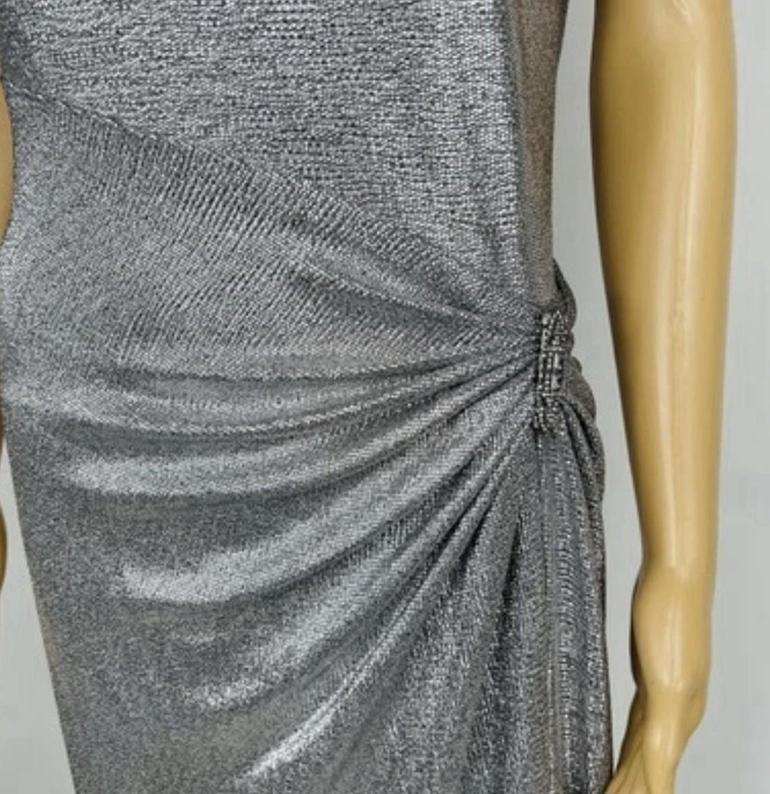 Lauren Ralph Lauren Evening Gown 14 Silver Metallic Embellished Quiet Luxury