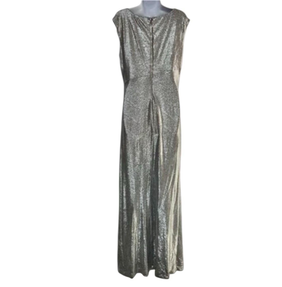 Lauren Ralph Lauren Evening Gown 14 Silver Metallic Embellished Quiet Luxury