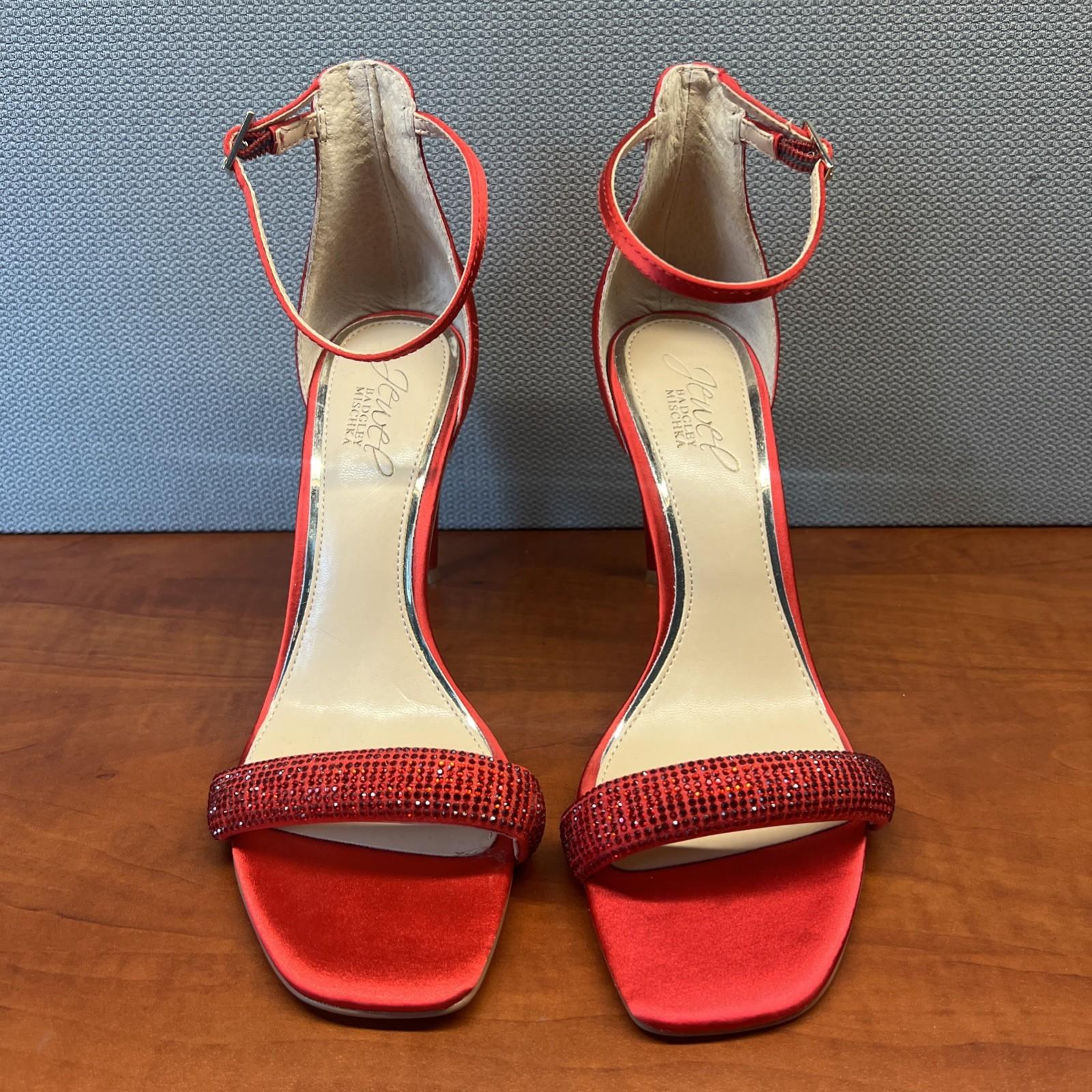 Badgley Mischka Buckle Heel Sandals 7.5 Red Stiletto Satin Sensual Chic Glitters