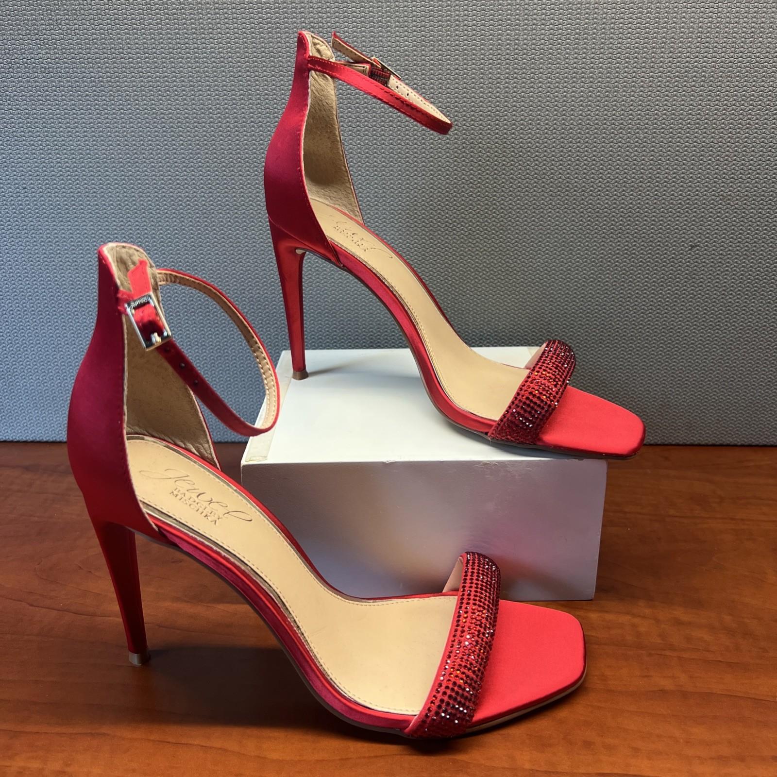 Badgley Mischka Buckle Heel Sandals 7.5 Red Stiletto Satin Sensual Chic Glitters
