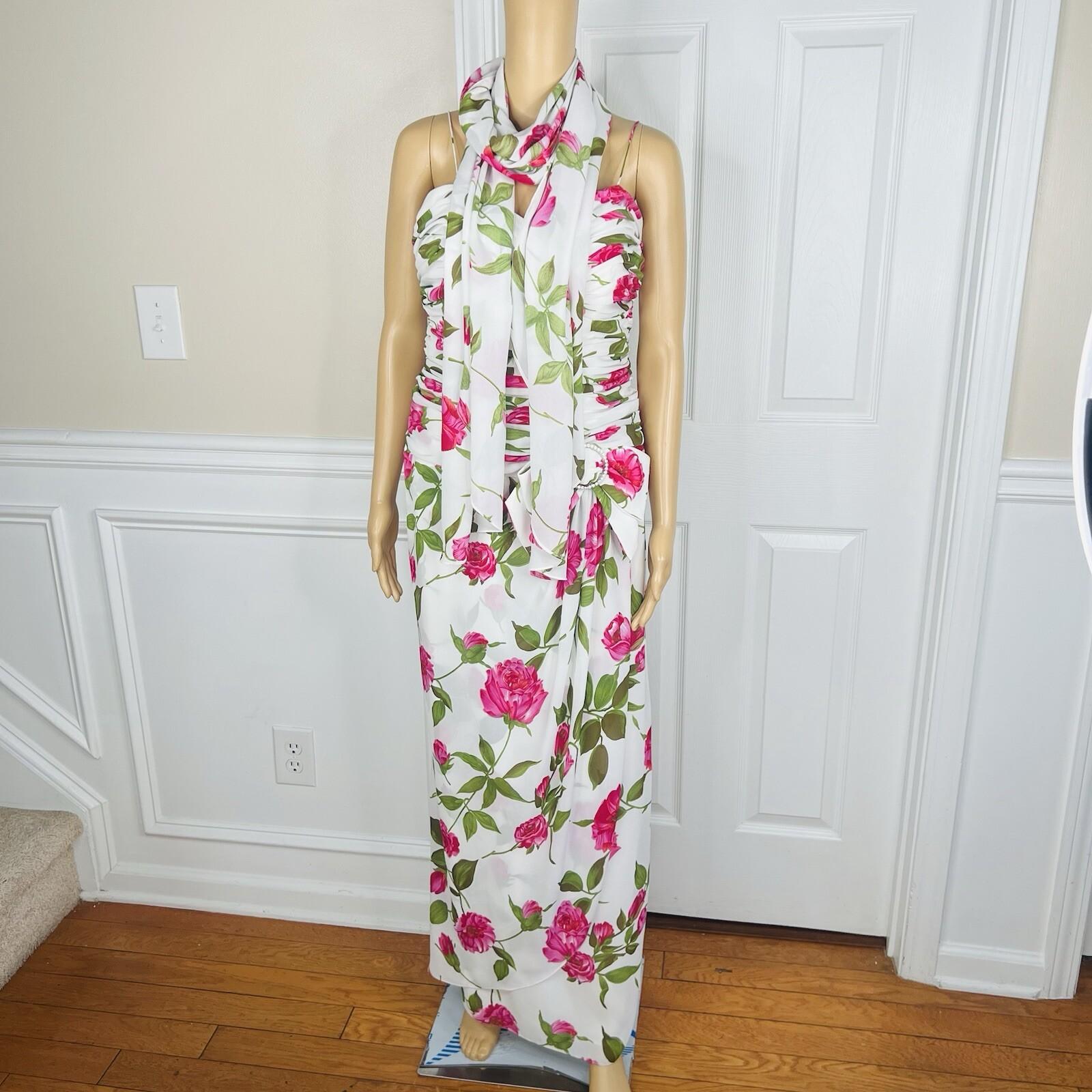 Miss Elliette Vtg Dress Shawl Size 10 Wrap Floral Spaghetti Straps Pleated Maxi