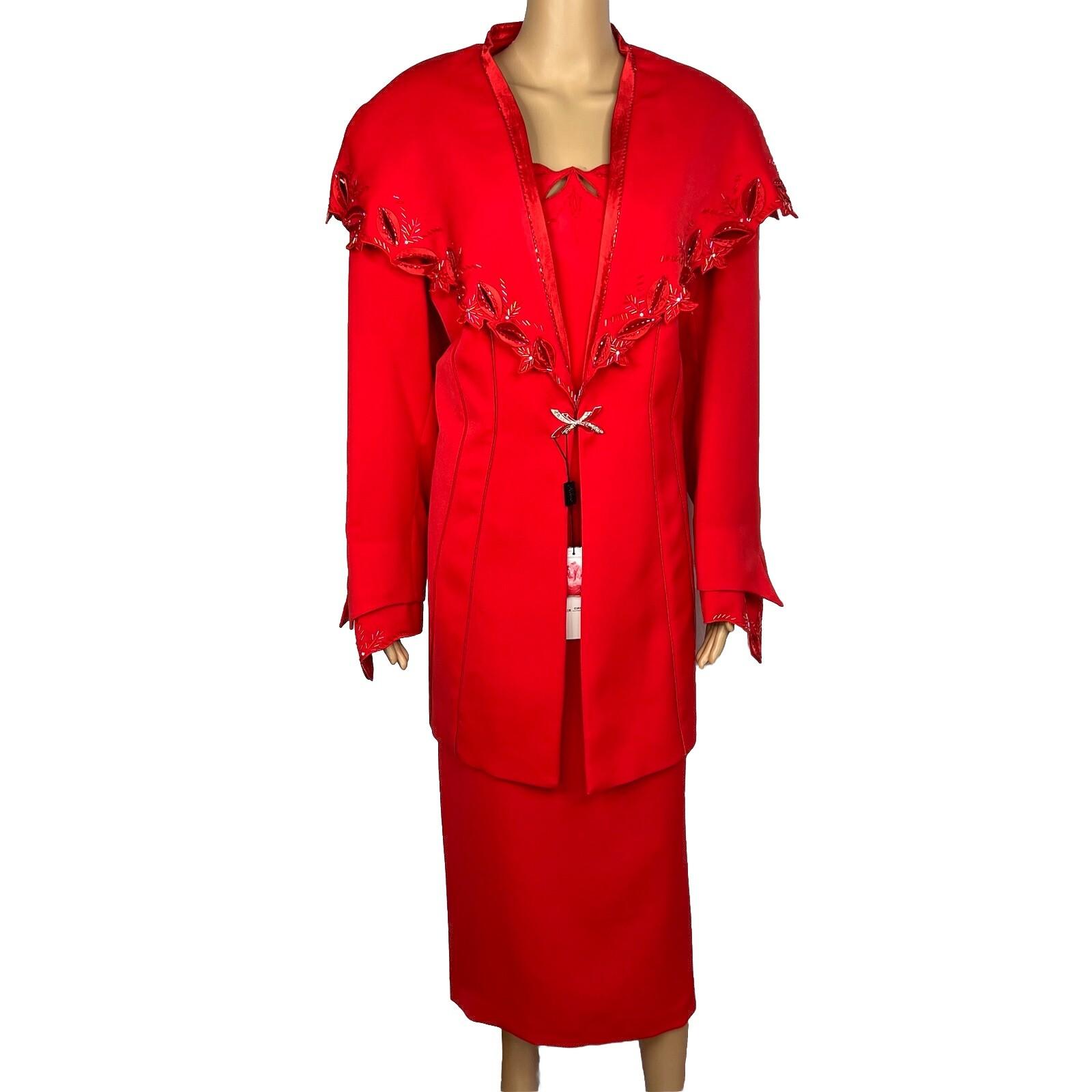 Milano Polyester Skirt Suit 18W Red Beaded Elegant Stand Up Collar 2PC New