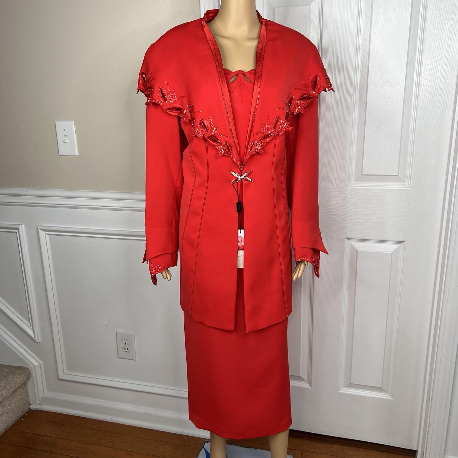 Milano Polyester Skirt Suit 18W Red Beaded Elegant Stand Up Collar 2PC New