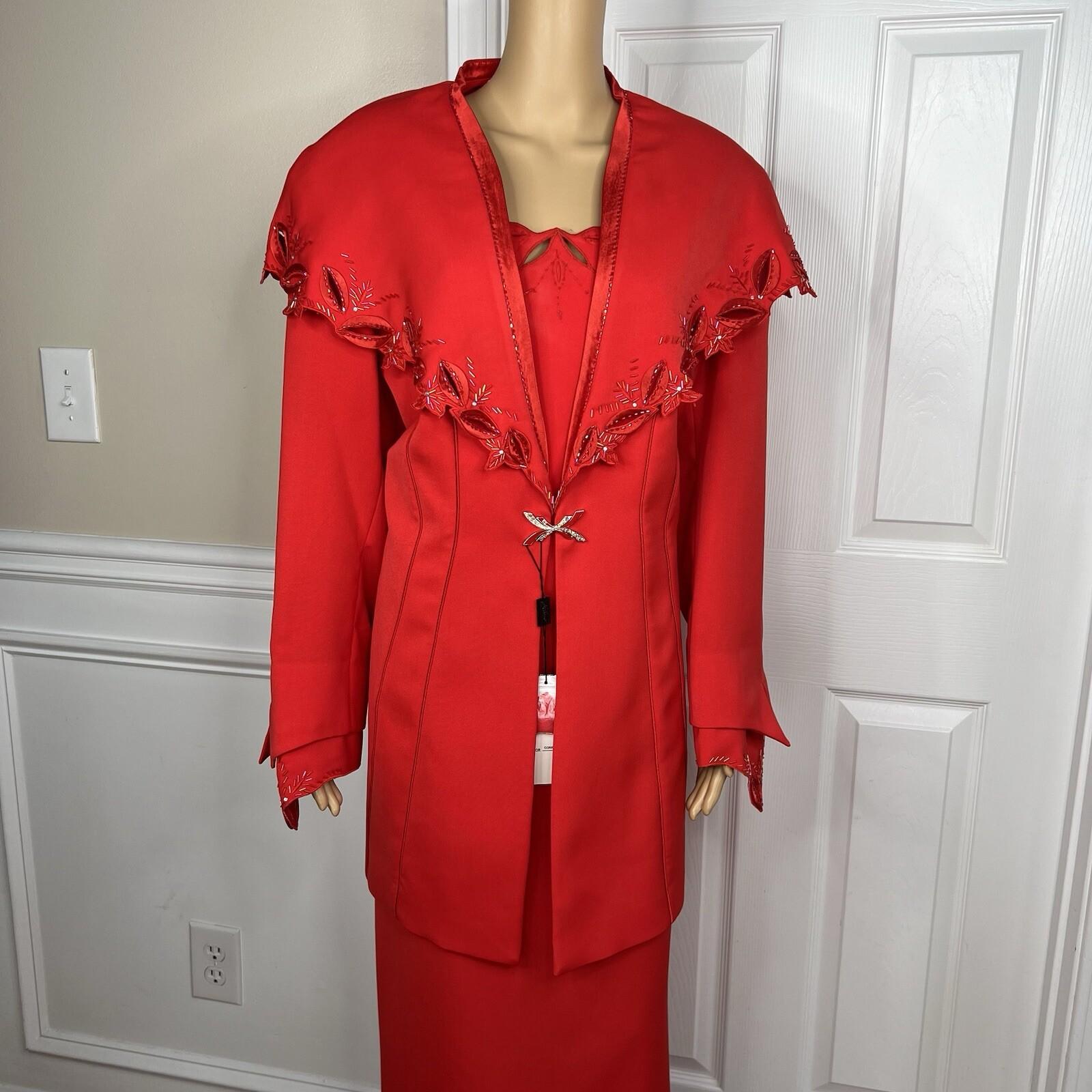 Milano Polyester Skirt Suit 18W Red Beaded Elegant Stand Up Collar 2PC New