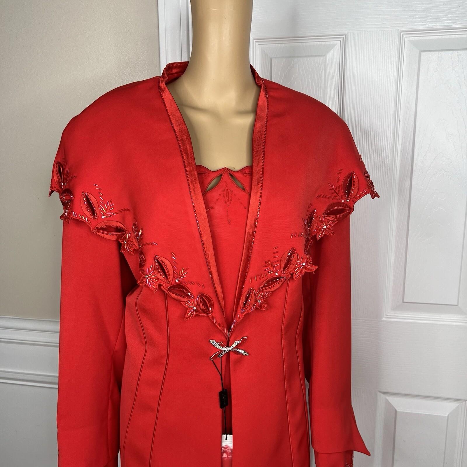 Milano Polyester Skirt Suit 18W Red Beaded Elegant Stand Up Collar 2PC New