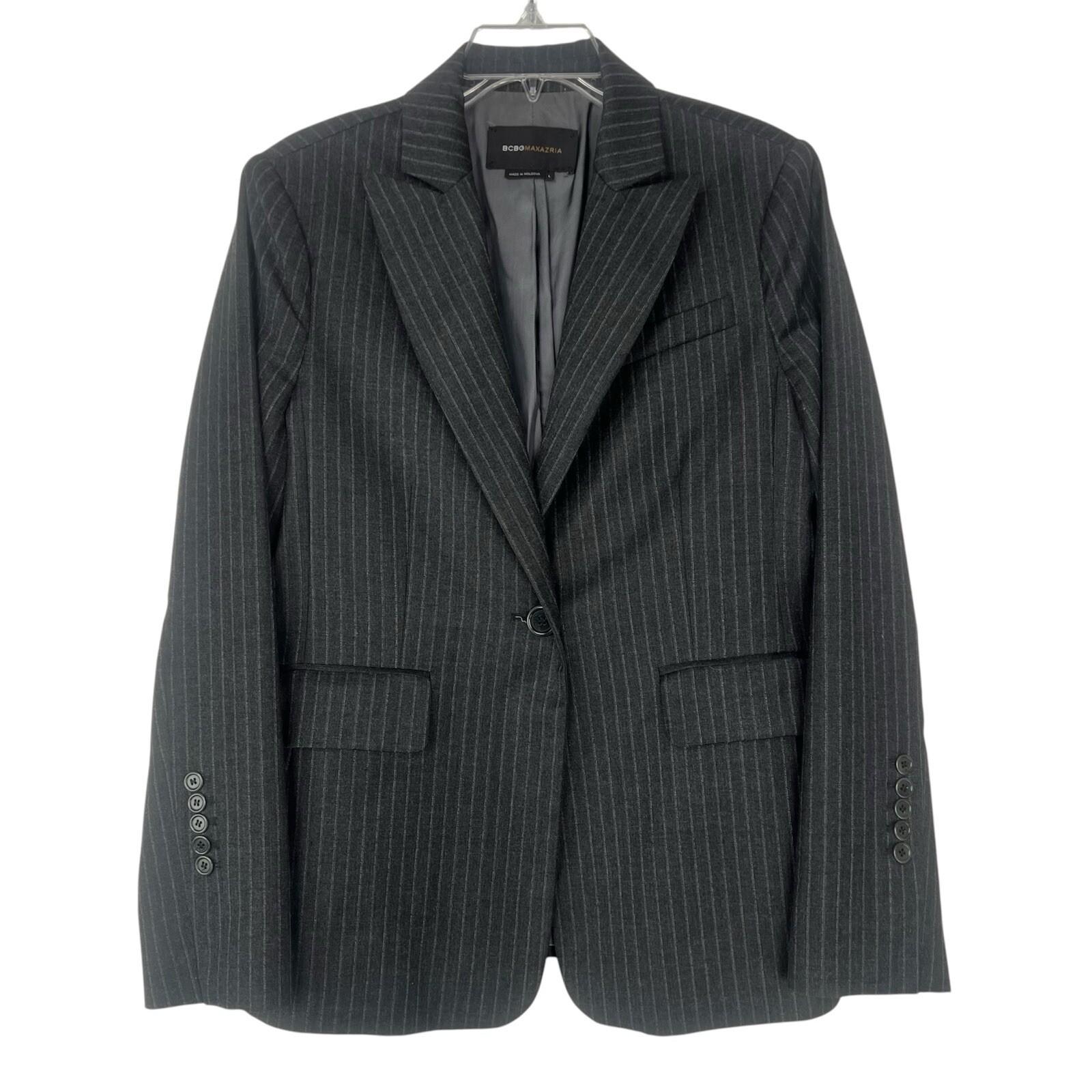 BCBGMaxazria Wool Blazer Size L gray Striped Career Quiet Luxury Peak Collar