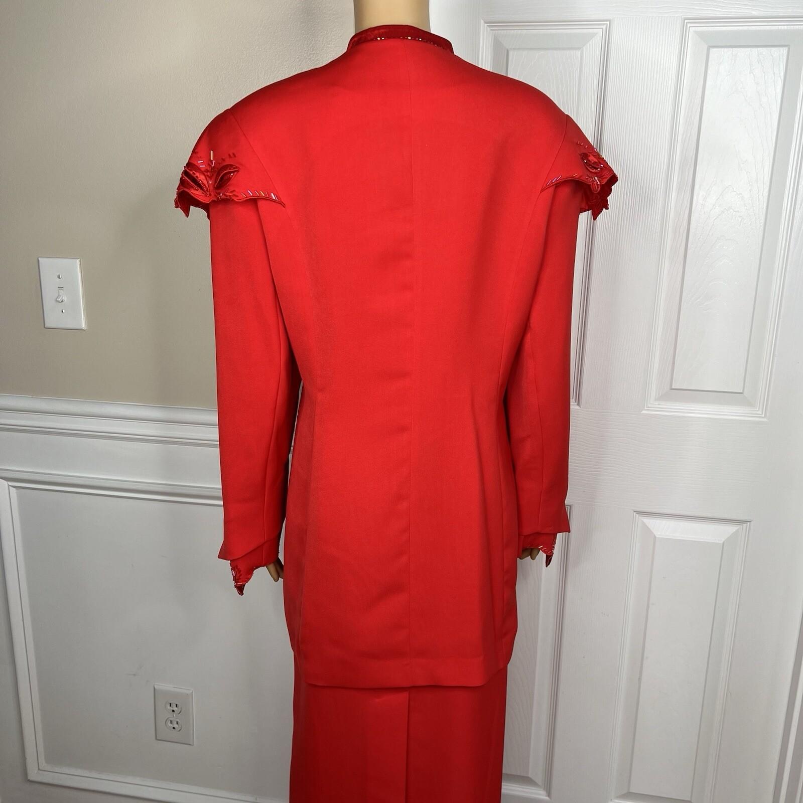Milano Polyester Skirt Suit 18W Red Beaded Elegant Stand Up Collar 2PC New