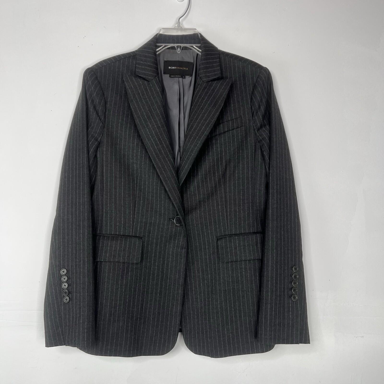 BCBGMaxazria Wool Blazer Size L gray Striped Career Quiet Luxury Peak Collar