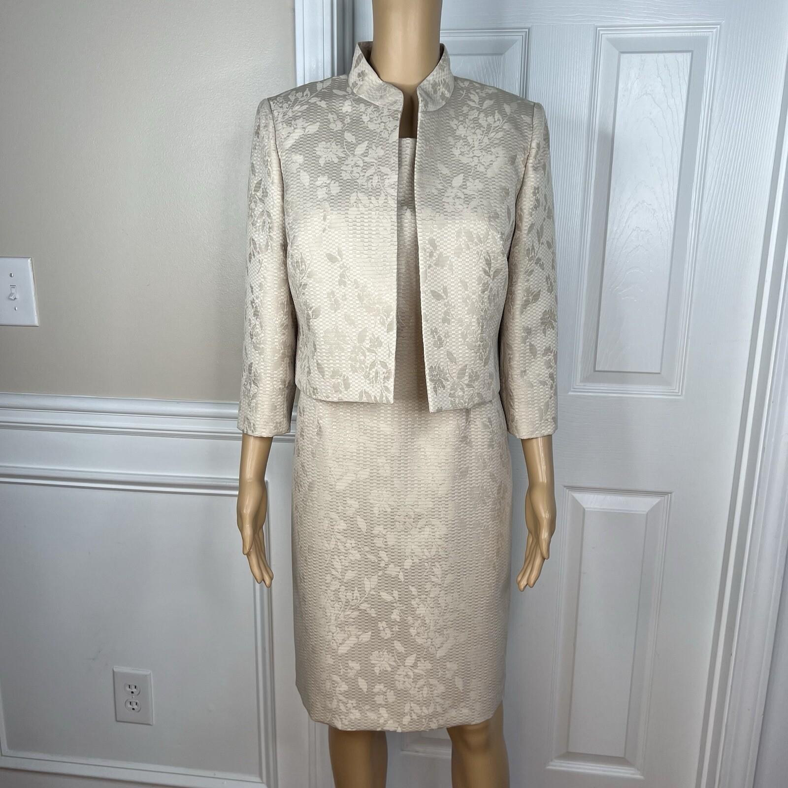 Evan Picone Women 2PC Polyester Dress Suit Size 10P Beige Stand Up Collar Lined