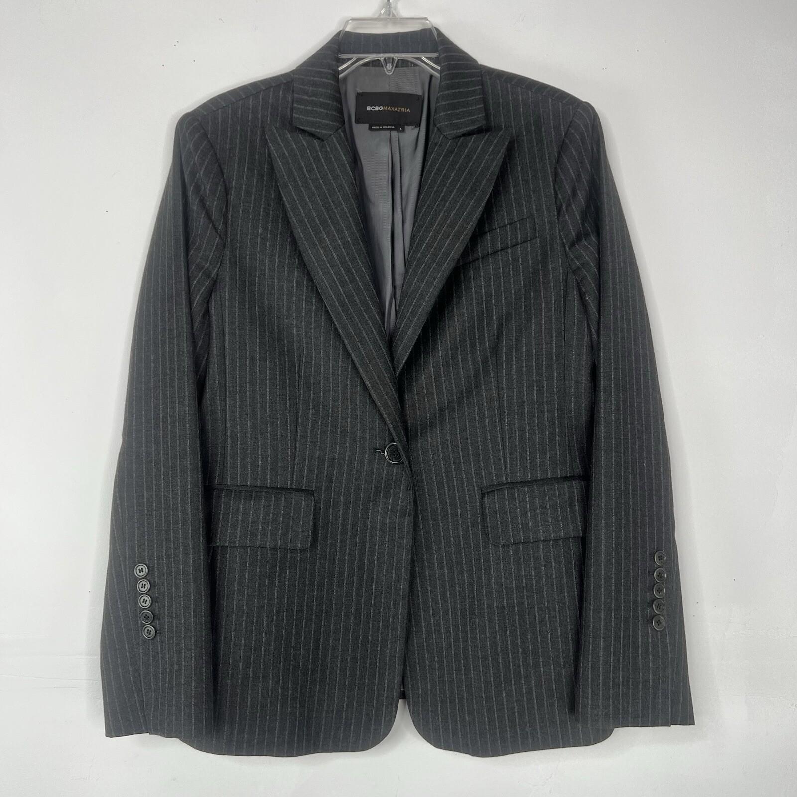 BCBGMaxazria Wool Blazer Size L gray Striped Career Quiet Luxury Peak Collar