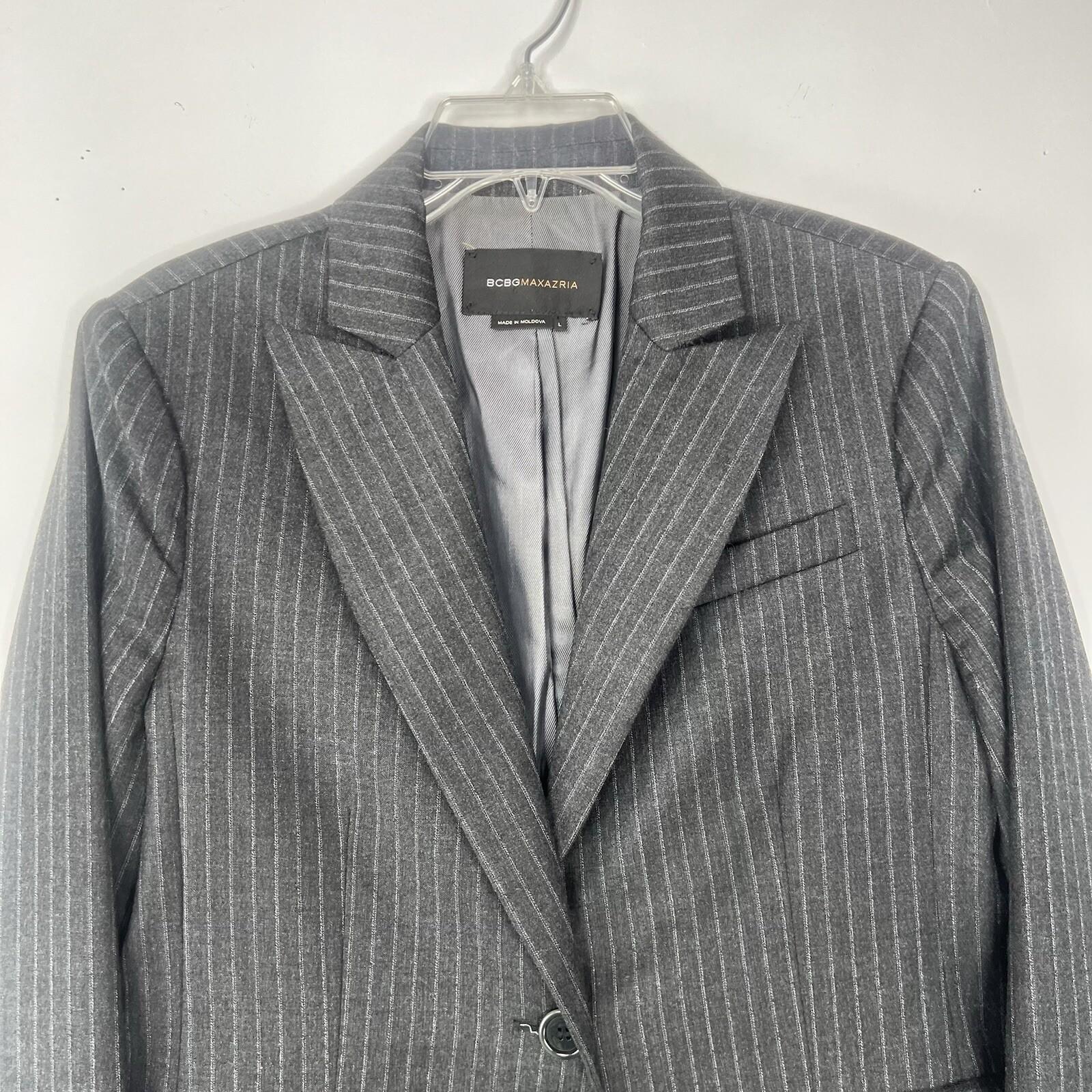 BCBGMaxazria Wool Blazer Size L gray Striped Career Quiet Luxury Peak Collar