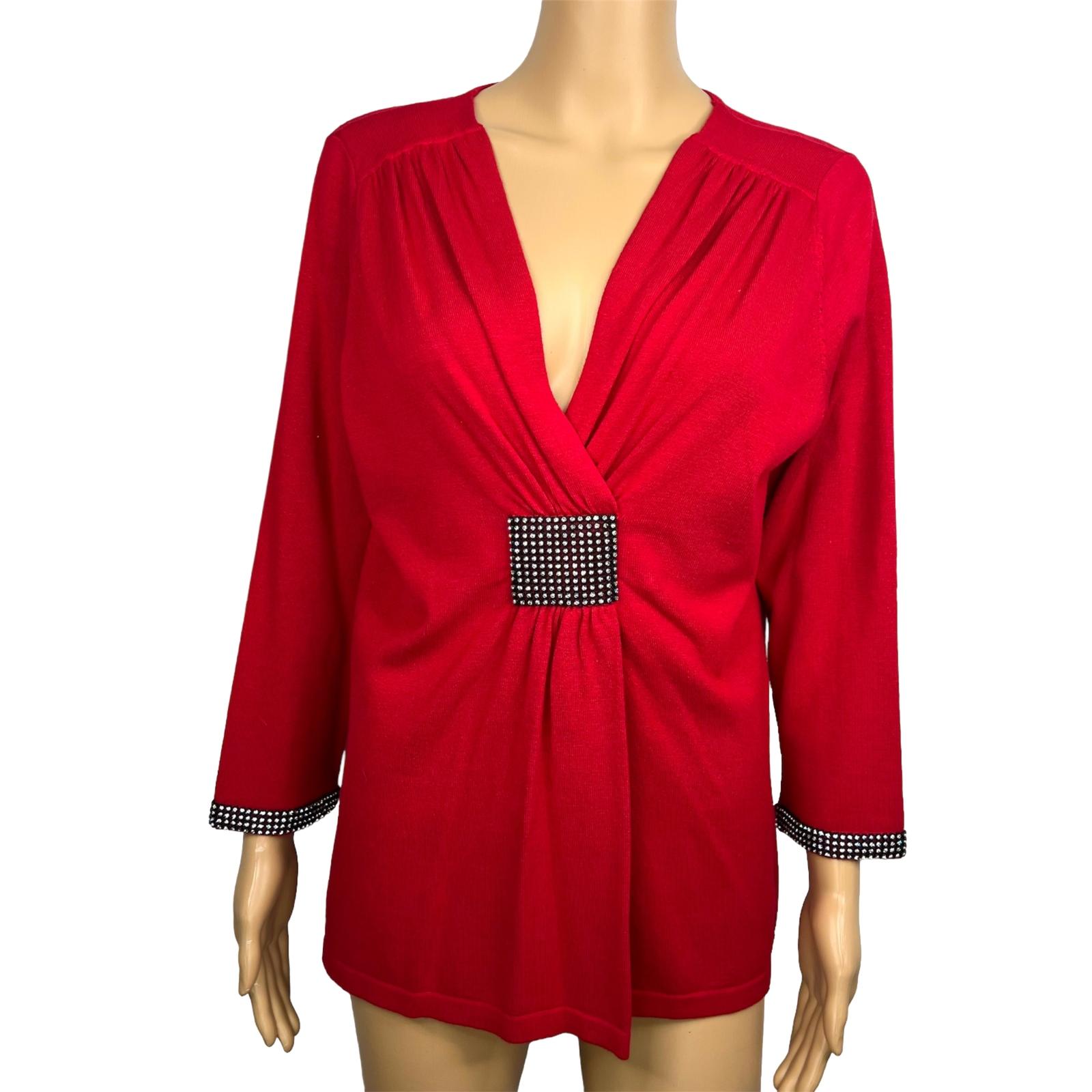 Design Options by PHILIP & JANE GORDON Red Beaded 3/4 Sleeves Top Size M