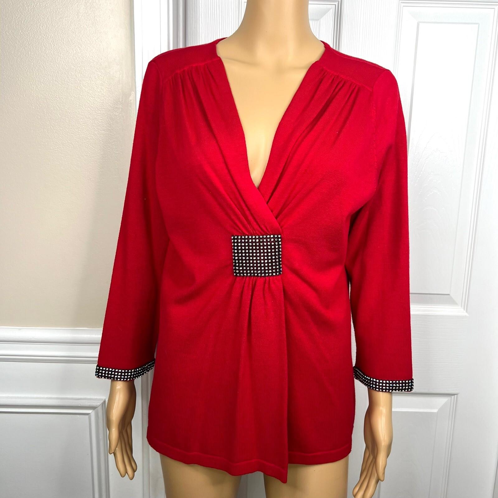 Design Options by PHILIP & JANE GORDON Red Beaded 3/4 Sleeves Top Size M